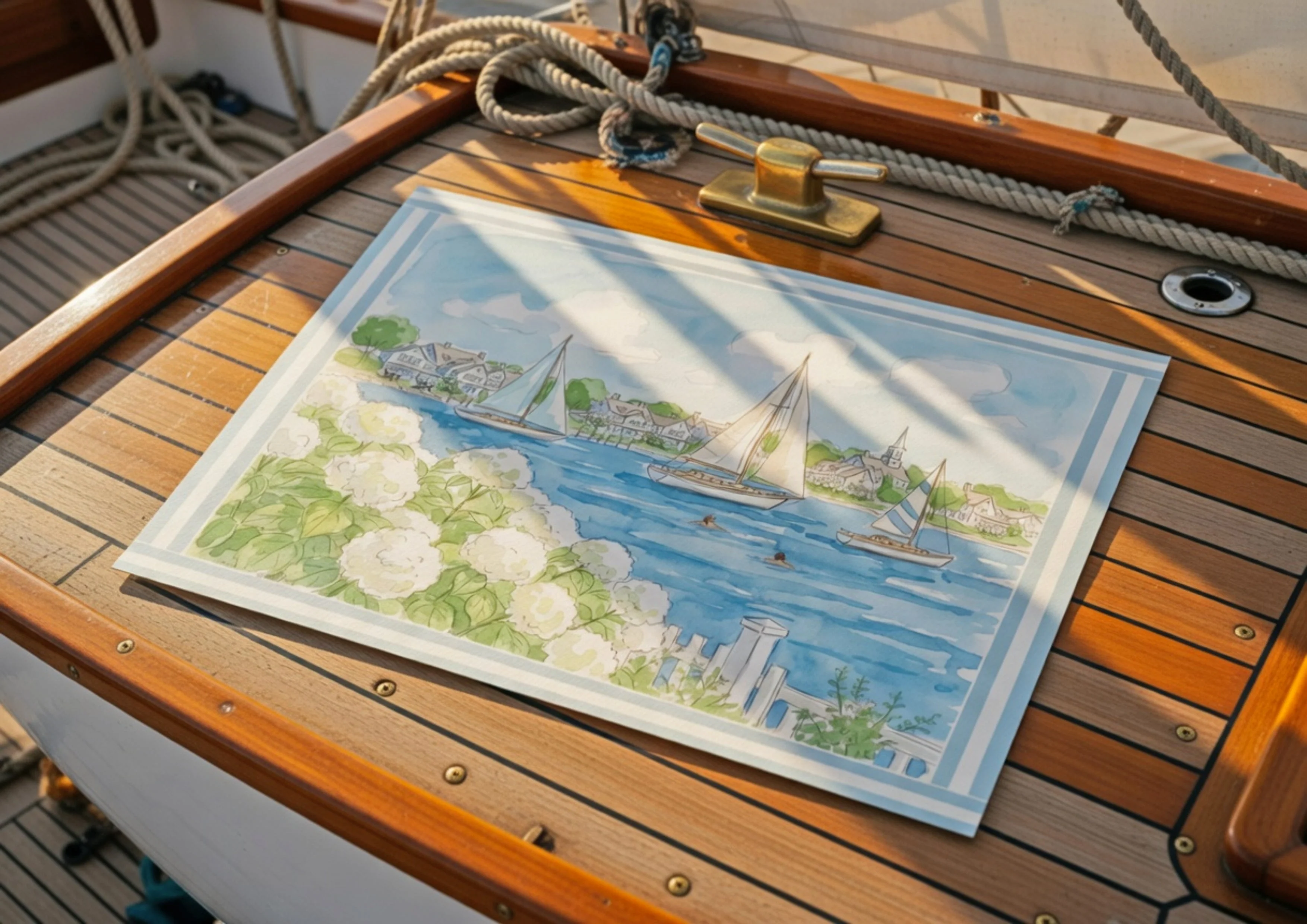 Seaside New England Watercolor Print Mini Brass Frame Coastal Wall Art - Image 4