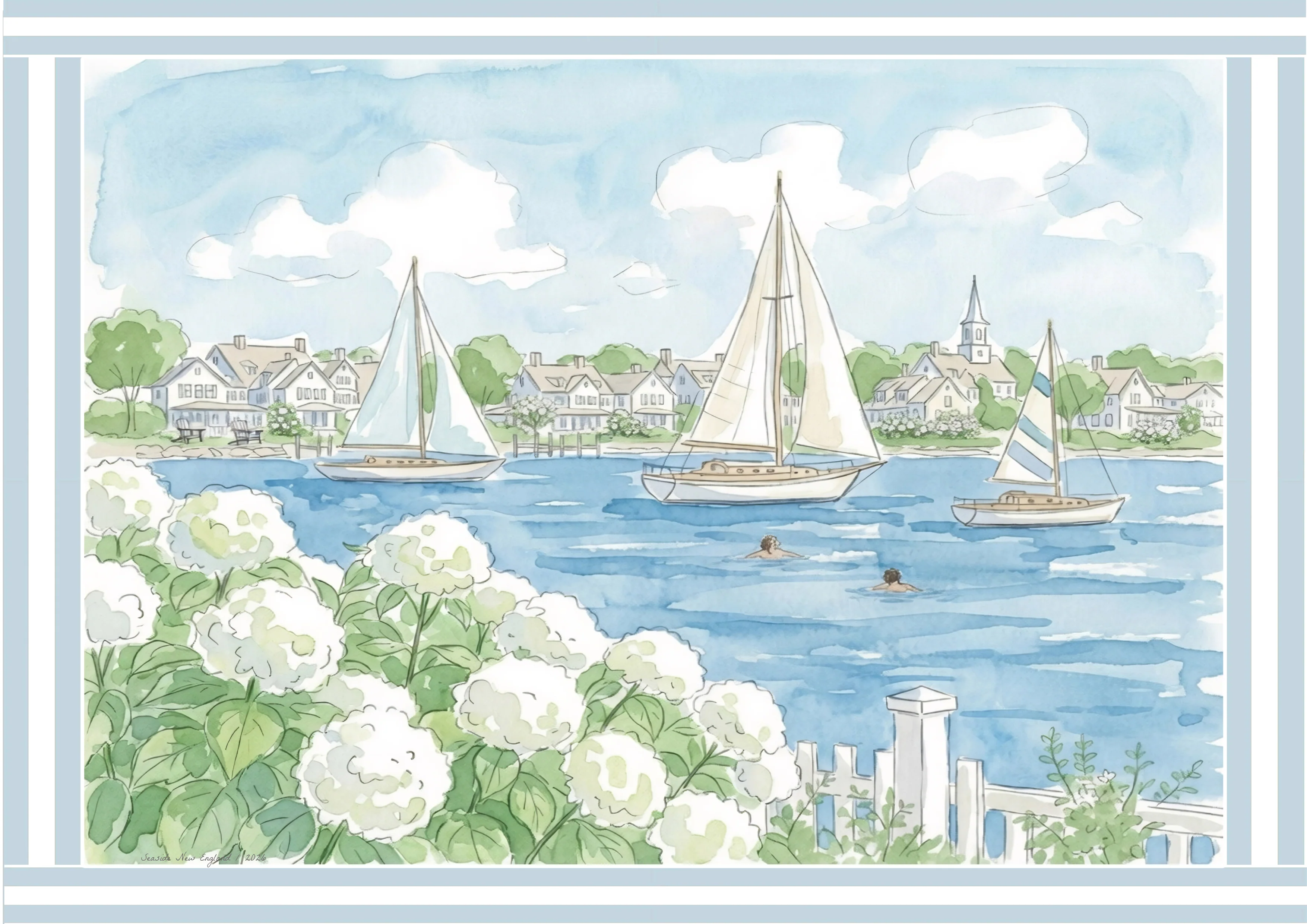 Seaside New England Watercolor Print Mini Brass Frame Coastal Wall Art - Image 5