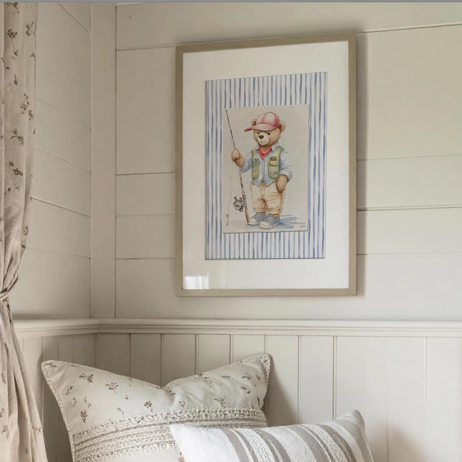 Set of 3 Bear Prints Striped Artwork Gallery Wall Art Hamptons Bear Illustrations - Image 5