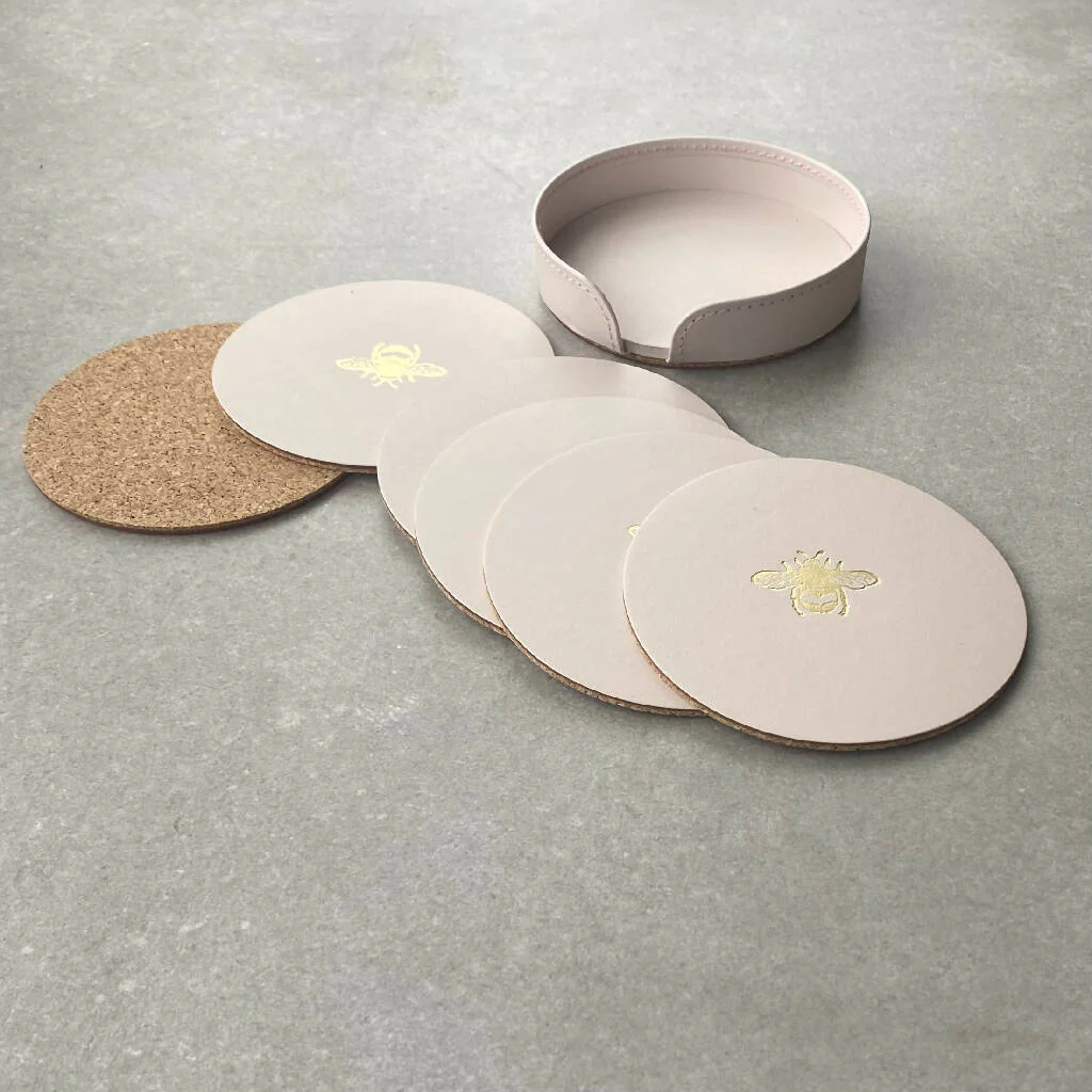 Set of 6 Recycled Leather Coasters with Bee Motif - Image 2
