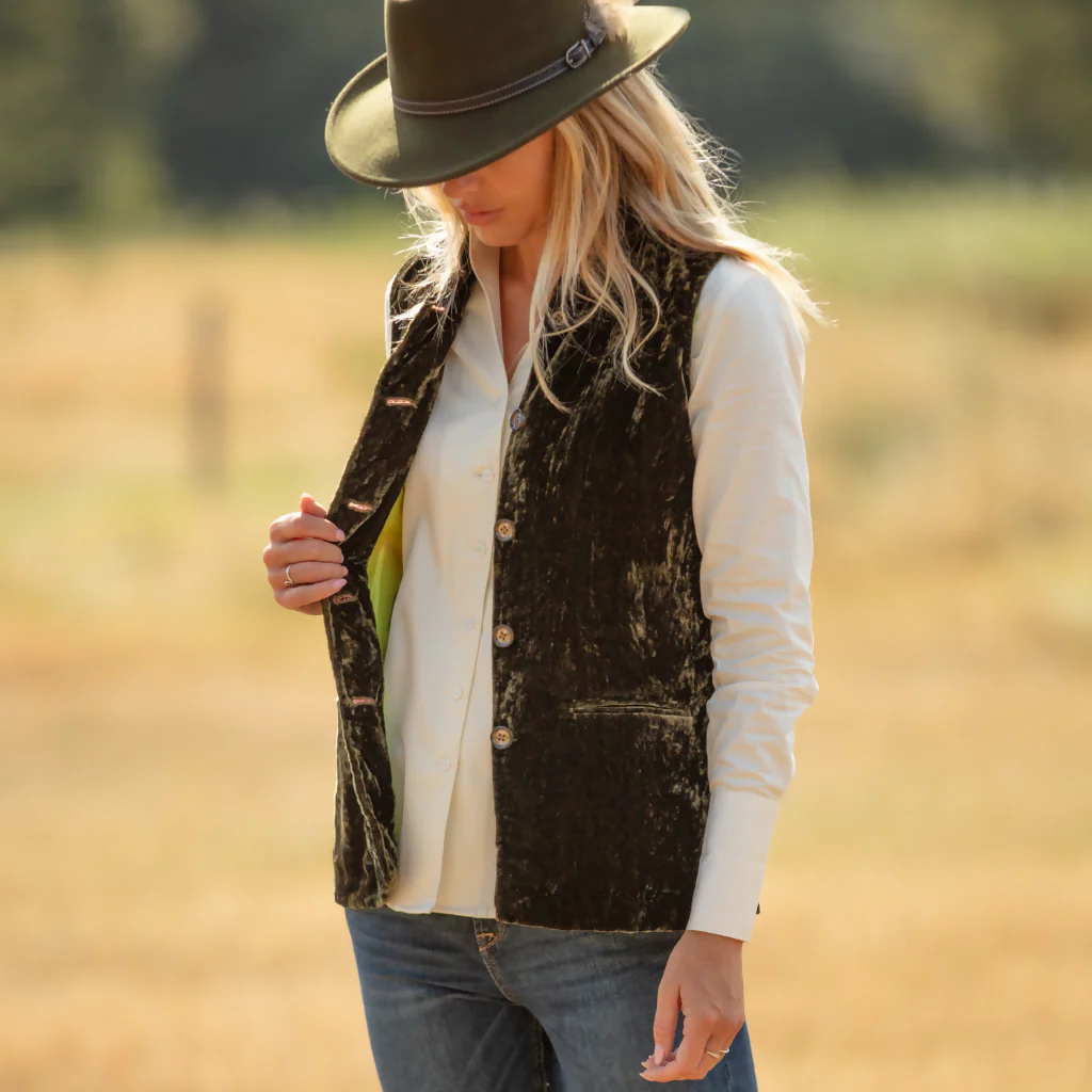 Short Silk Velvet Waistcoat In Olive Green - Image 2
