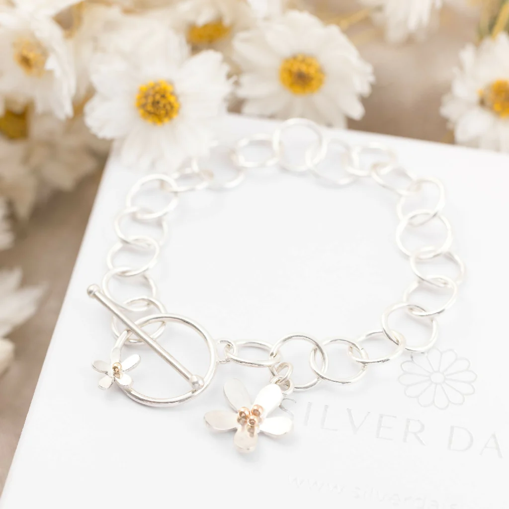 Silver Daisy Charm Bracelet with 9ct Gold Detail - Image 3
