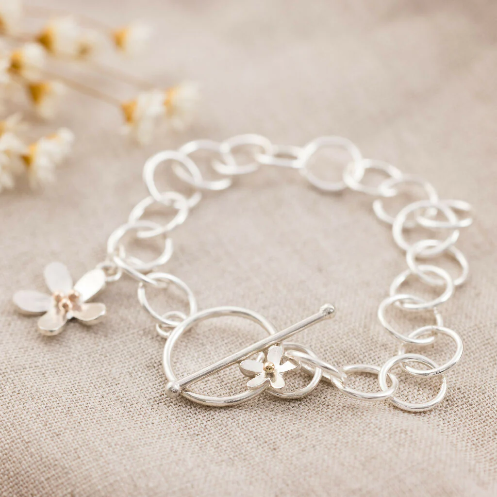 Silver Daisy Charm Bracelet with 9ct Gold Detail - Image 4