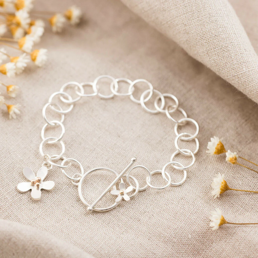Silver Daisy Charm Bracelet with 9ct Gold Detail - Image 6