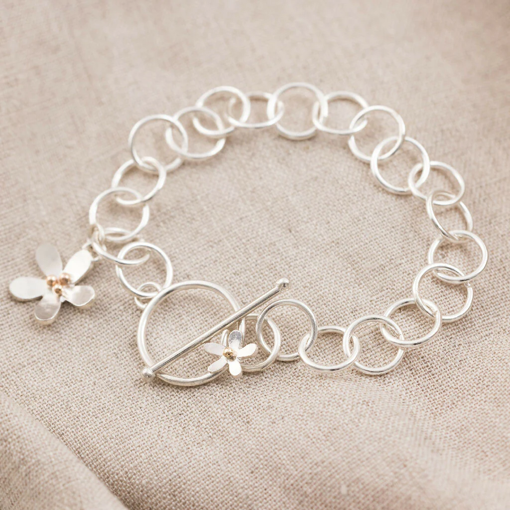 Silver Daisy Charm Bracelet with 9ct Gold Detail - Image 8