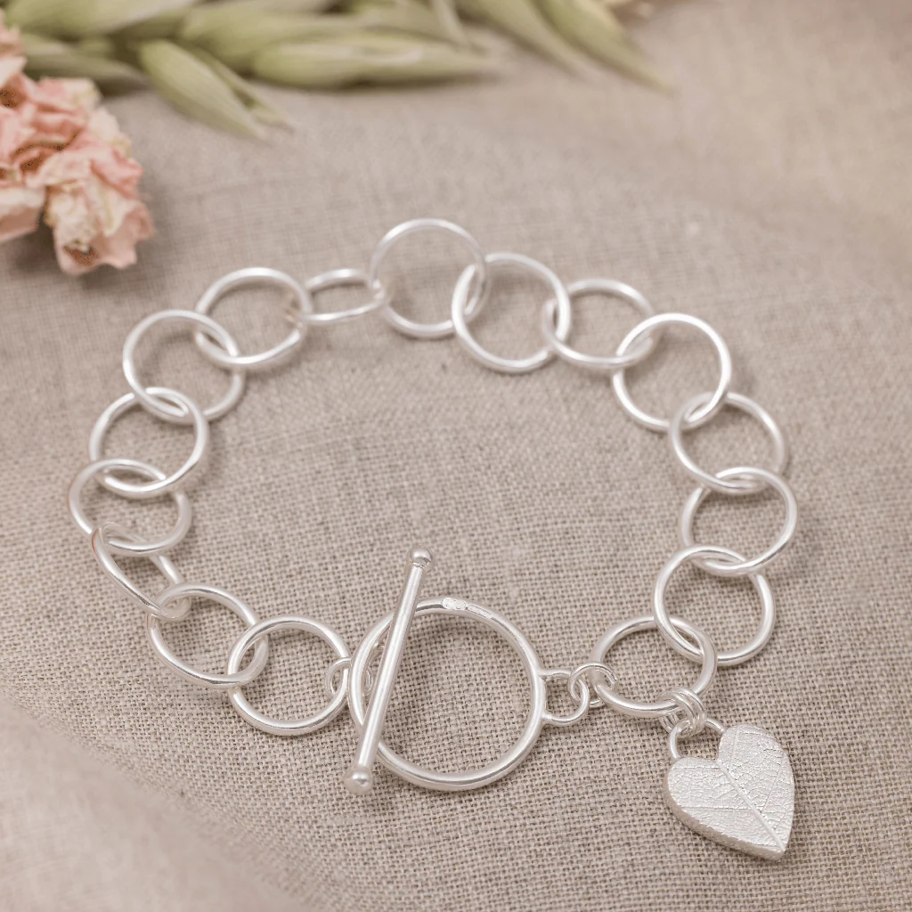 Silver Heart Leaf Print Toggle Bracelet - Image 5