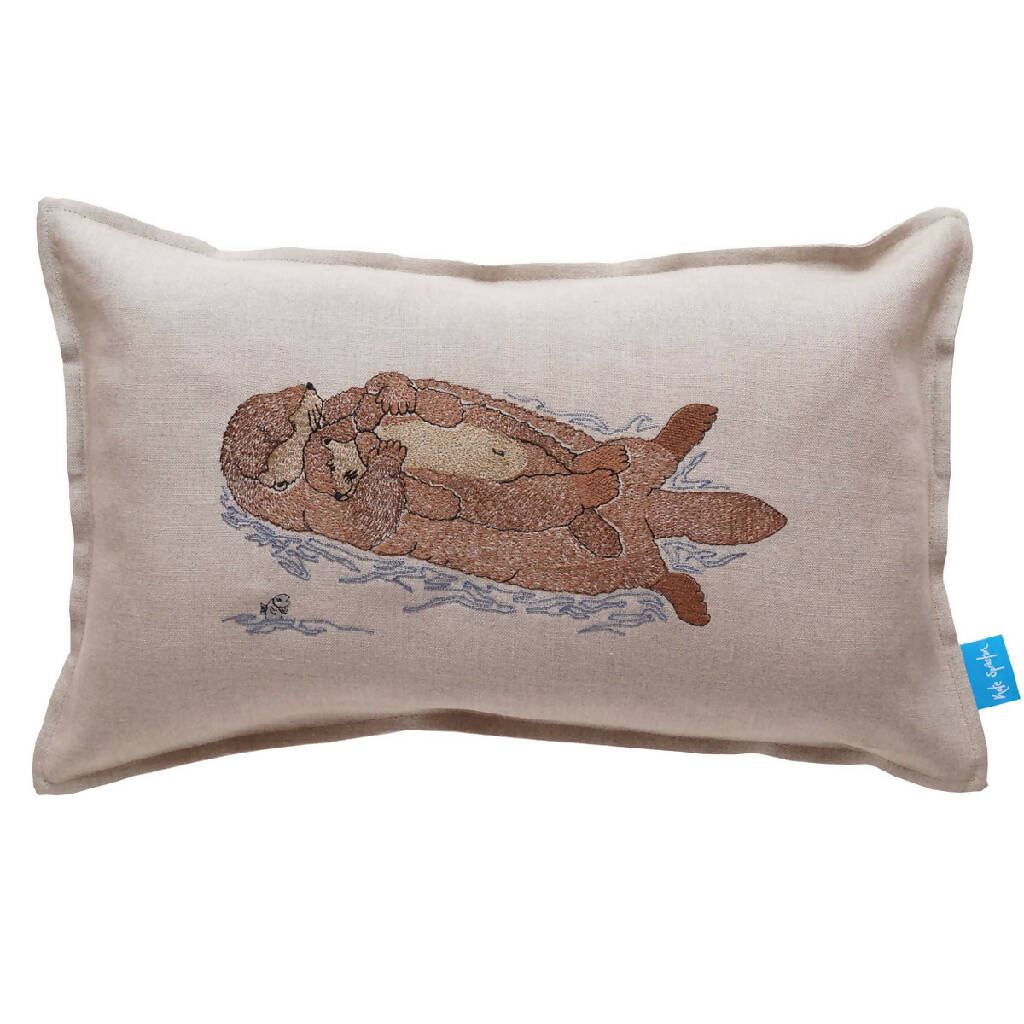 Sleeping Otter Mum & Pup Embroidered Cushion - Image 5