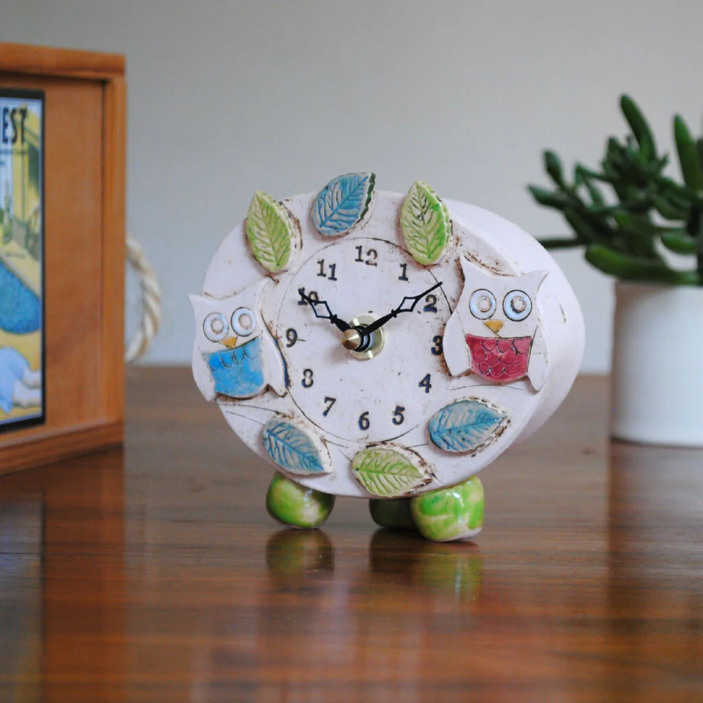 Small Pebble Feet Clock With Owls And Leaves - Image 2