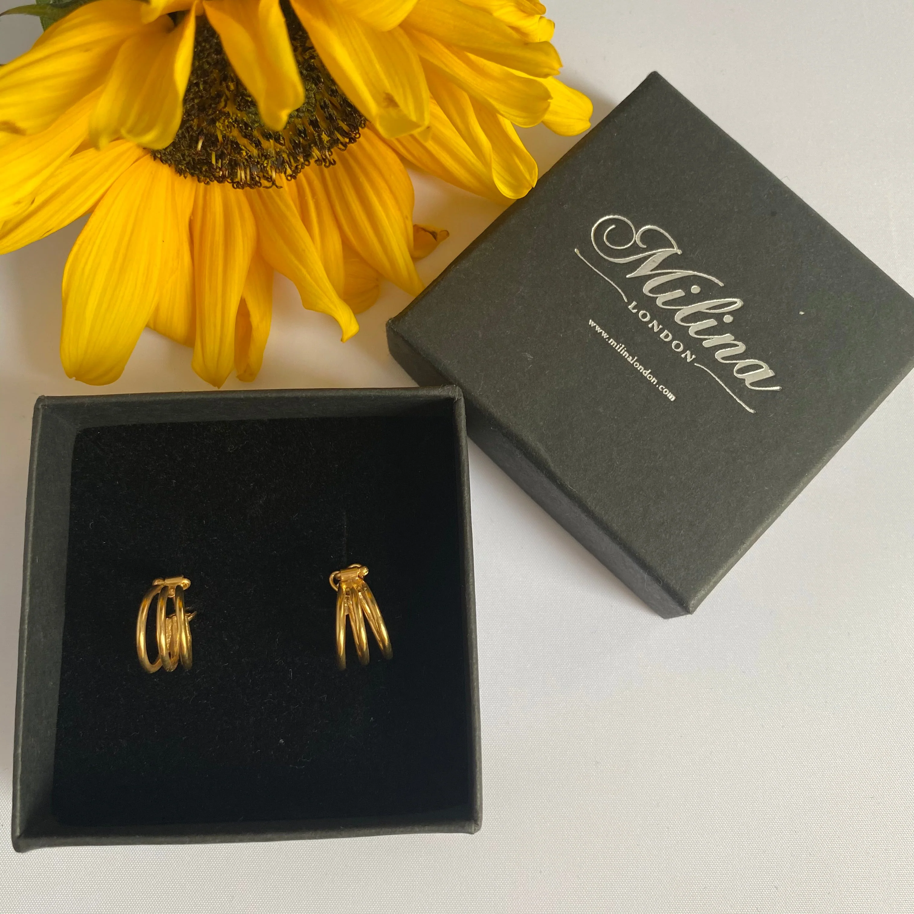 Small Triple Ring Gold Plated Sterling Silver Hoop Earrings - Image 3