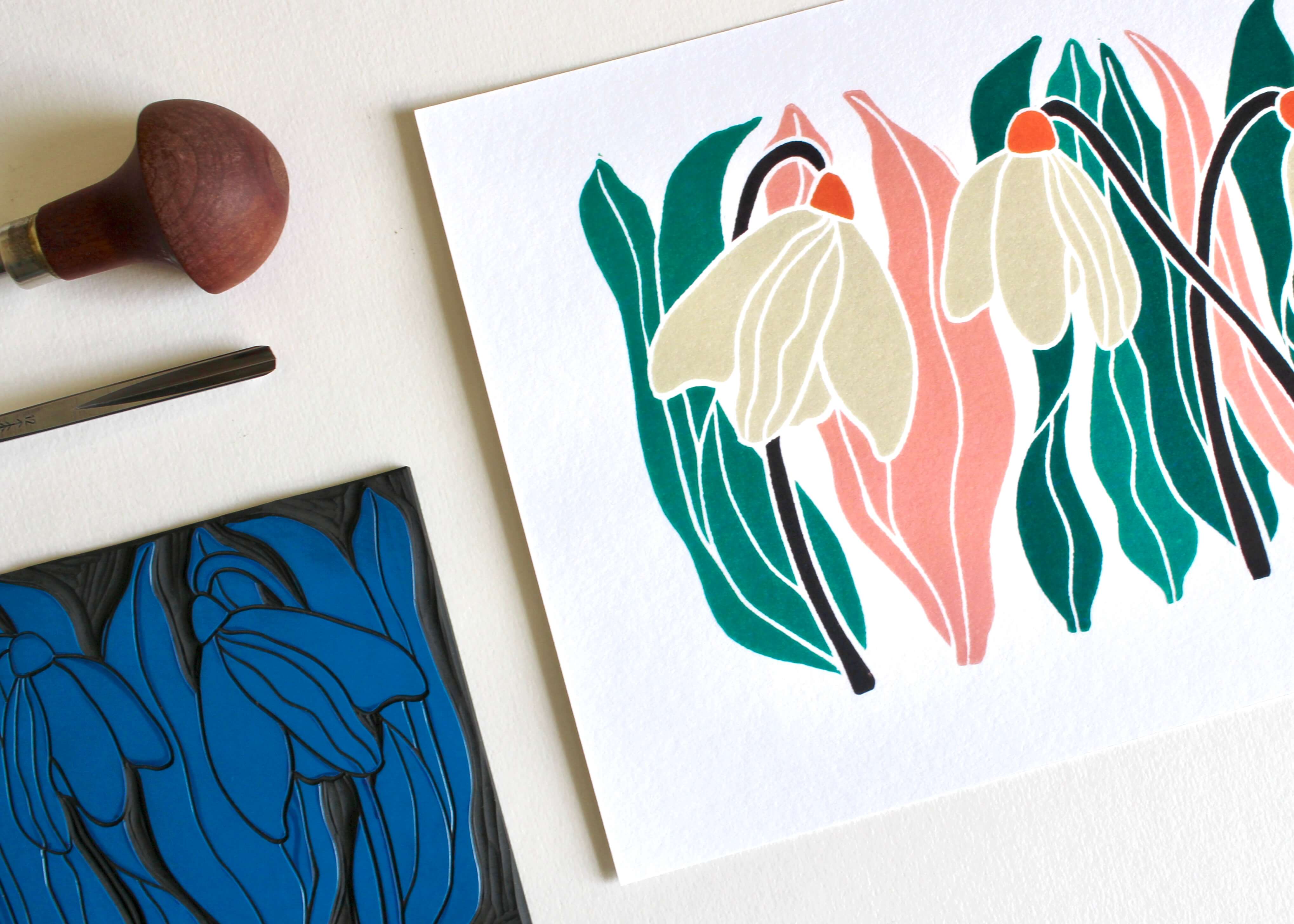Snowdrops Linocut Art Print - Unframed A5 or A4 - Image 2