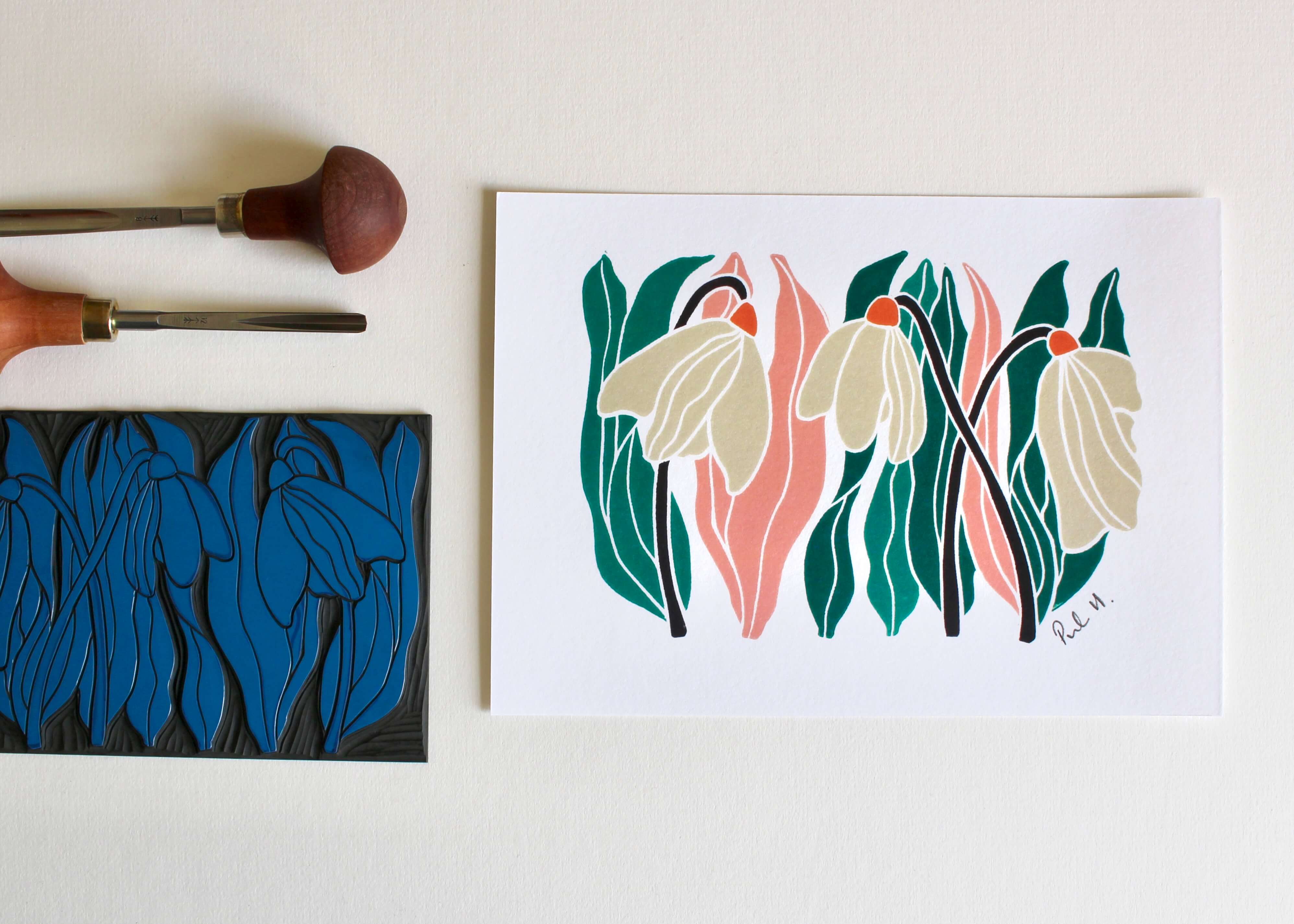 Snowdrops Linocut Art Print - Unframed A5 or A4 - Image 3