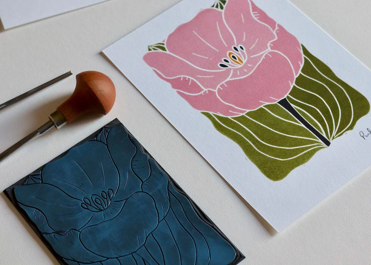 Soft Pink Linocut Tulip Flower Print | A5 or A4 on Cotton Paper - Image 2