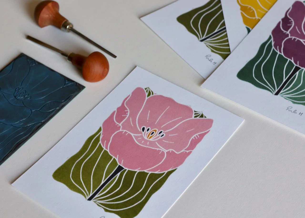Soft Pink Linocut Tulip Flower Print | A5 or A4 on Cotton Paper - Image 3