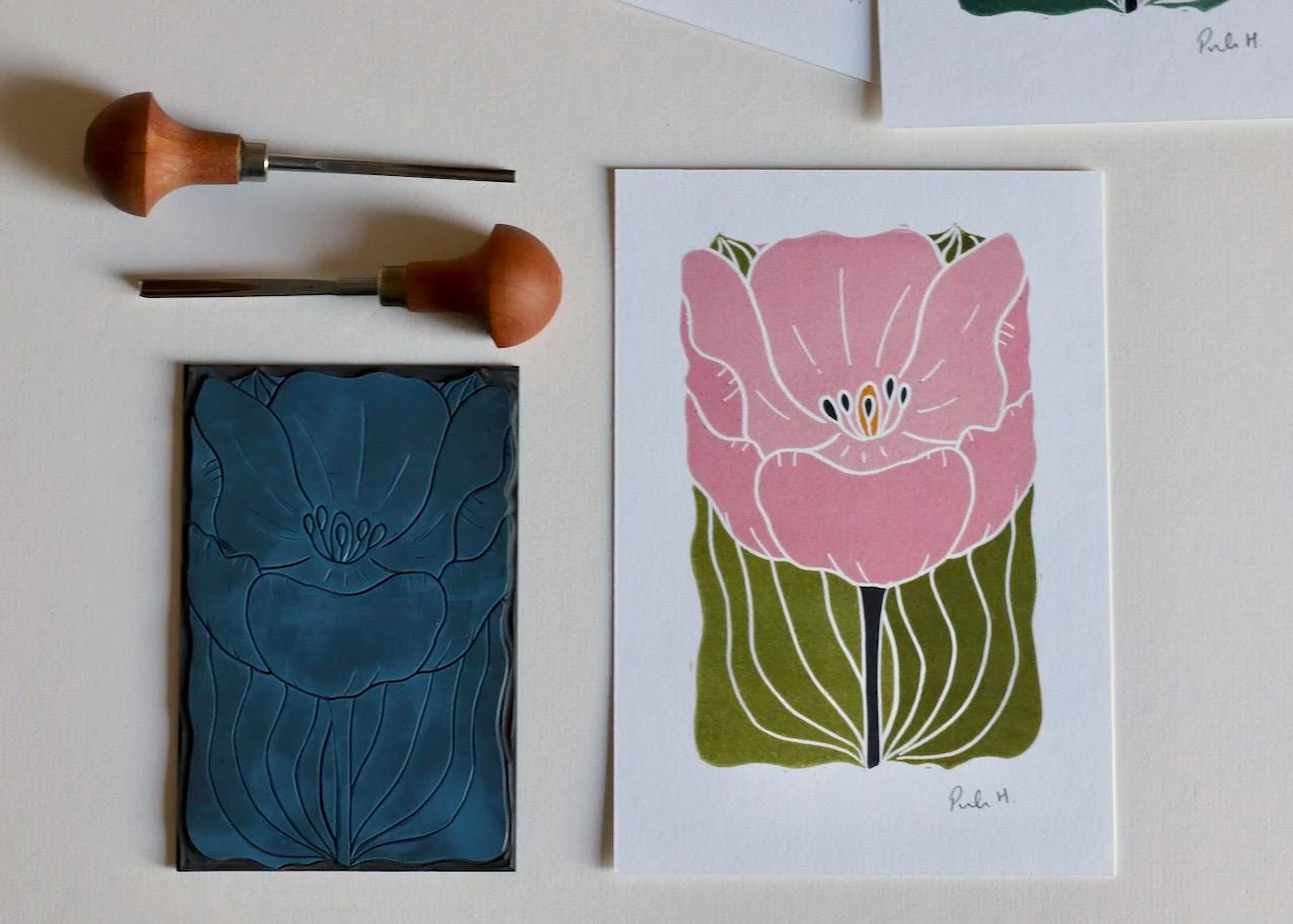 Soft Pink Linocut Tulip Flower Print | A5 or A4 on Cotton Paper - Image 5