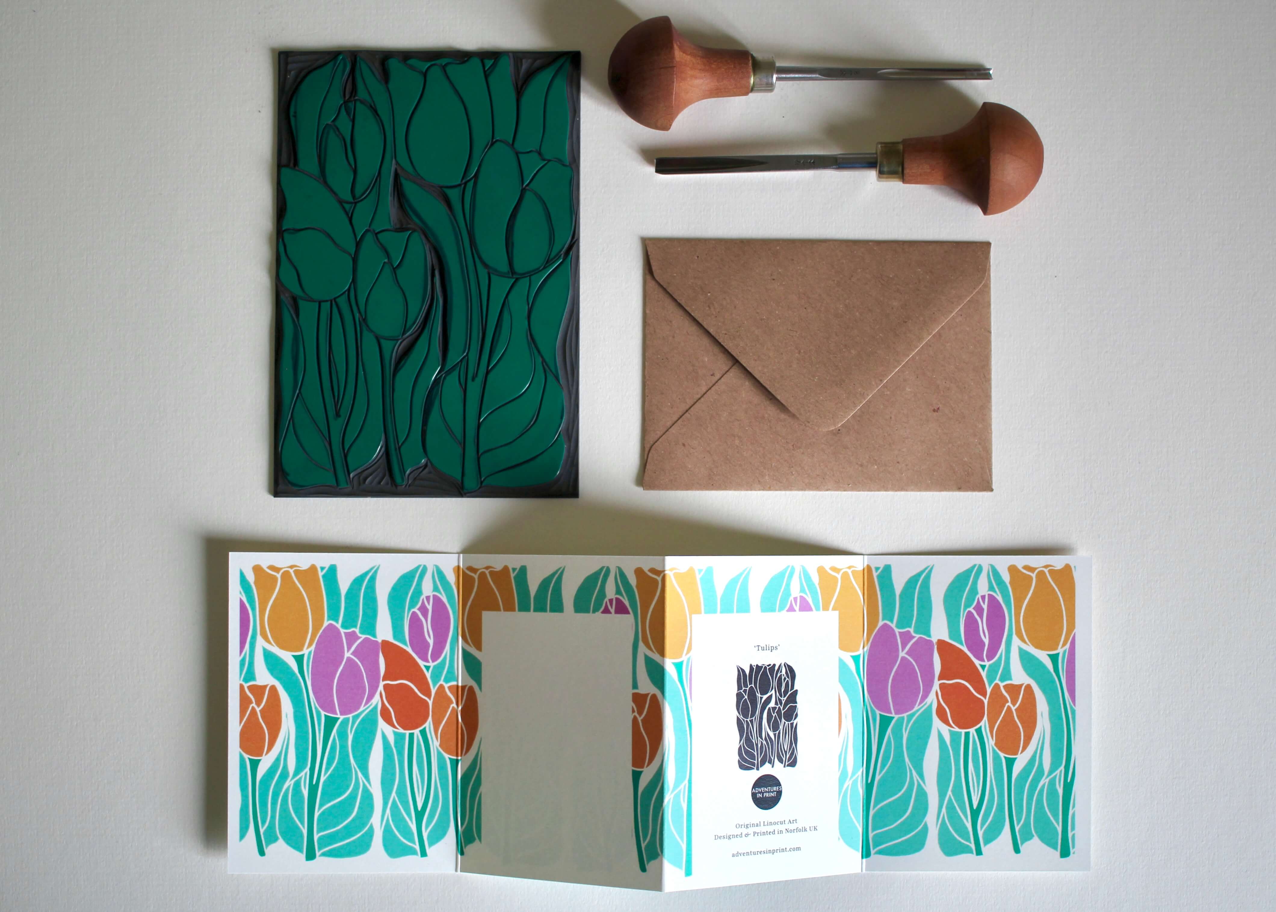 Spring Tulips Linocut Garland Card | Single Card & Envelope - Image 3