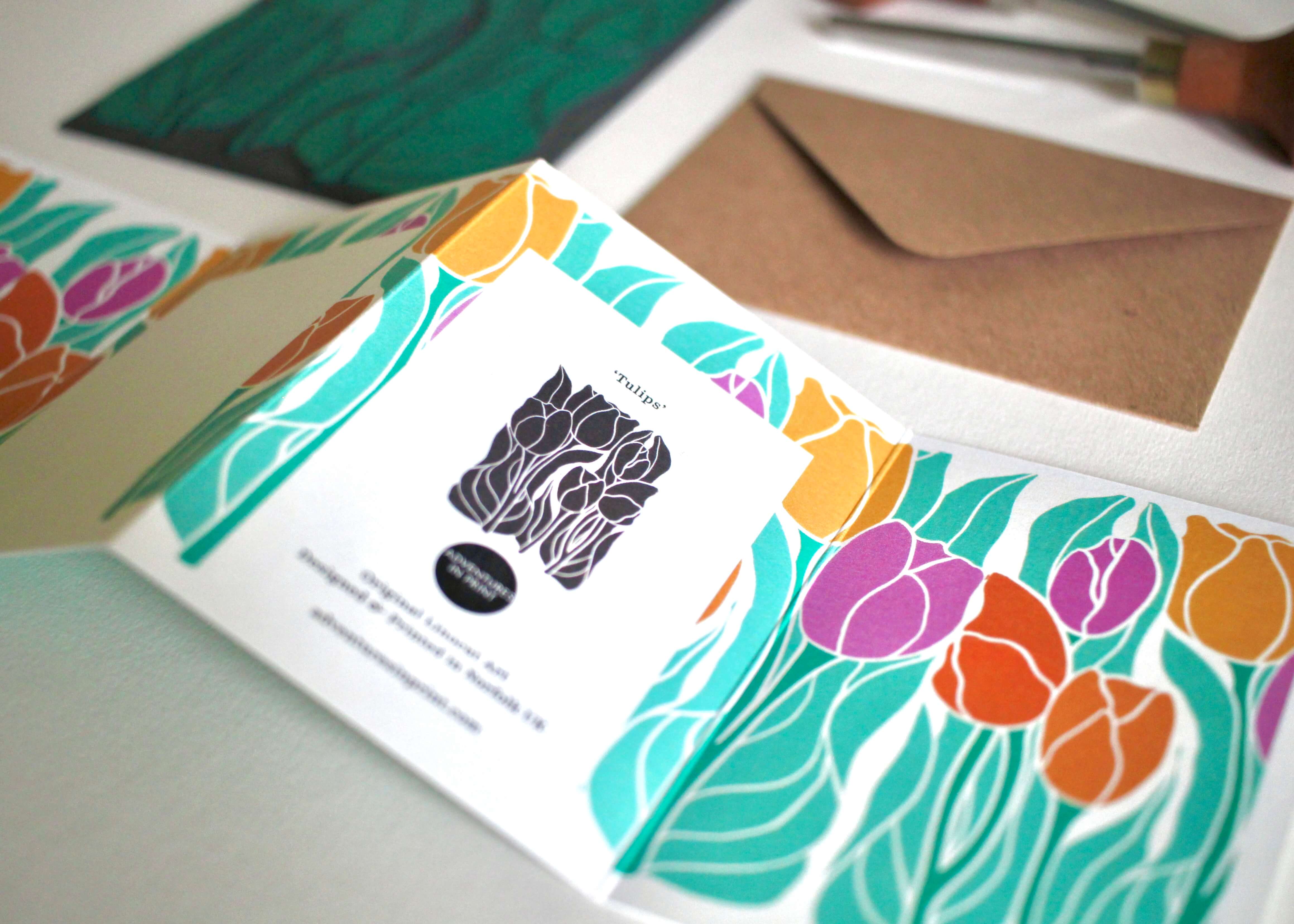 Spring Tulips Linocut Garland Card | Single Card & Envelope - Image 4