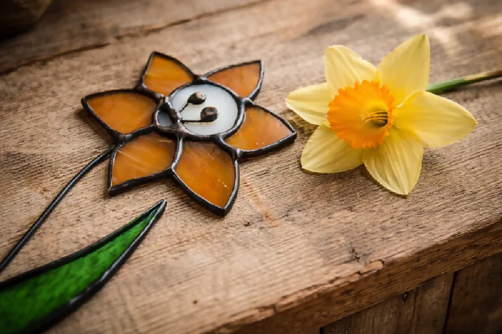 Stained Glass Daffodil Duo – Handmade Tiffany Style Flowers in Reclaimed Wood Base - Image 5