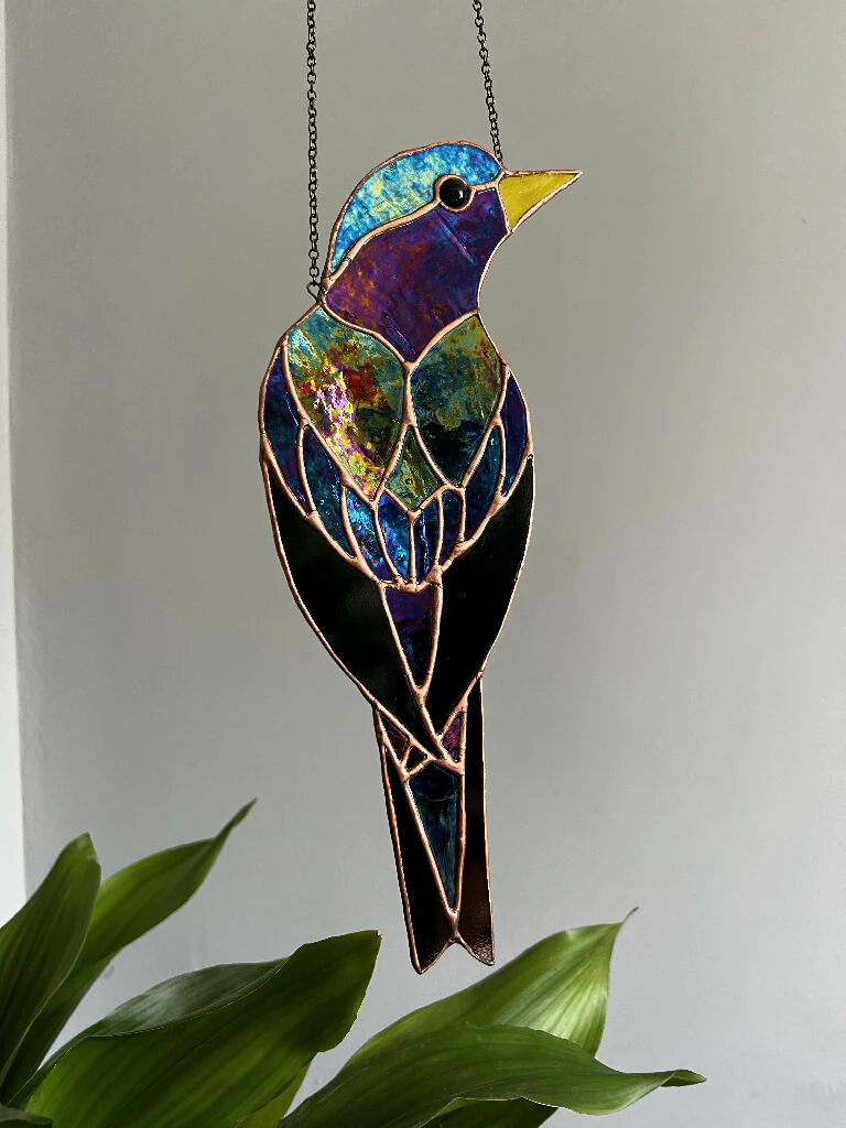Stained Glass Starling Wall Hanging in iridescent black glass and aged copper patina - Image 3