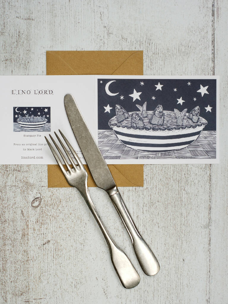 Stargazy Pie A6 Lino Print Greeting Card - Image 3