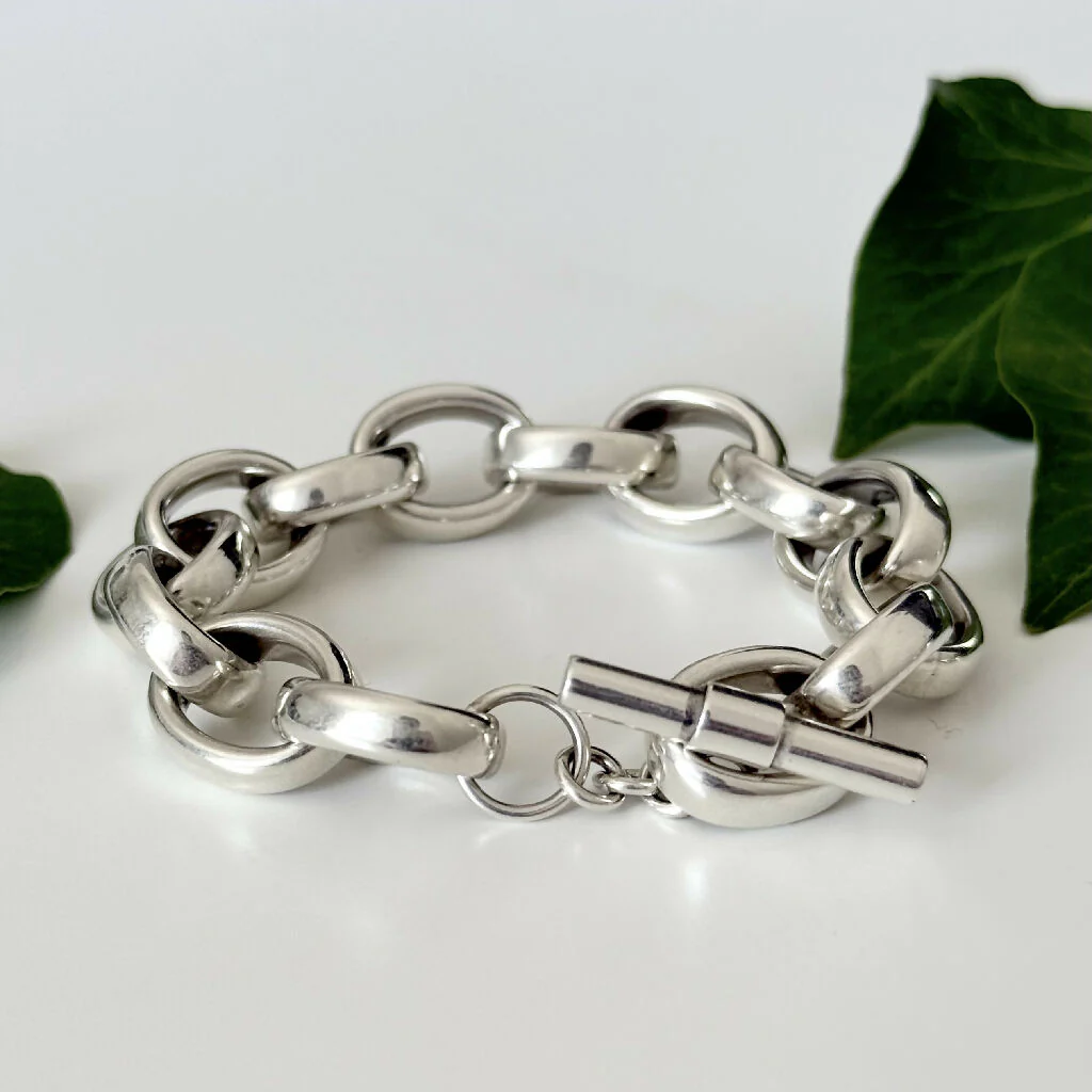 Sterling Silver Bracelet with Hollow Chunky Oval Links - Image 4