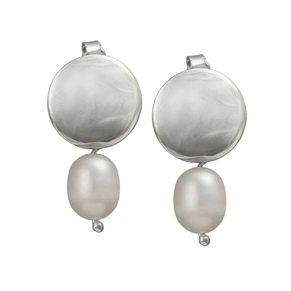 Sterling Silver Disc Earrings with a Freshwater Pearl Drop - Image 2