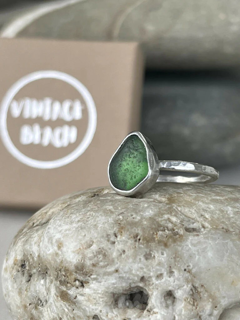 A Sterling silver emerald green sea glass ring ‘N’