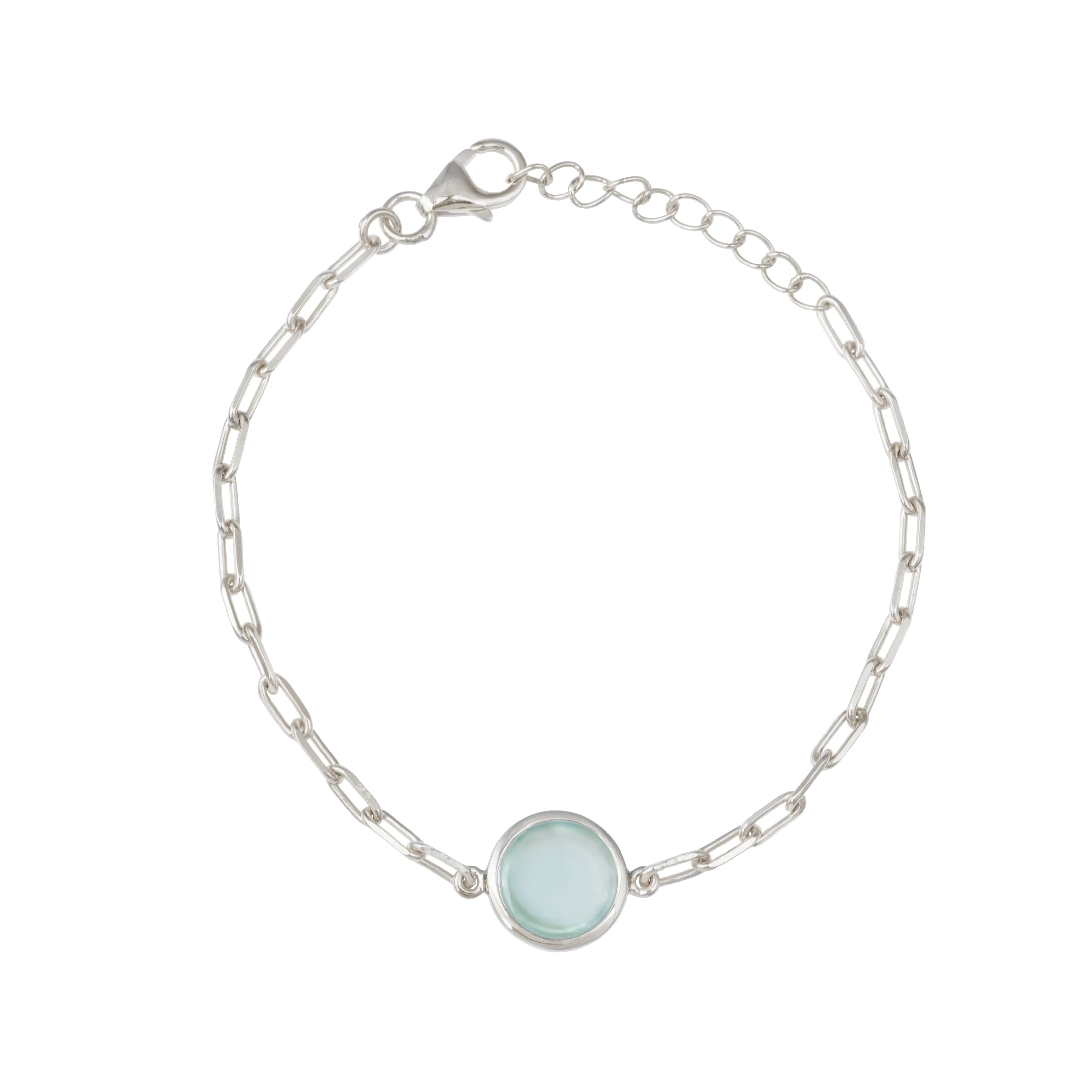 Sterling Silver Paperclip Link Chain Adjustable Bracelet with Round Aqua Chalcedony Gemstone - Image 2