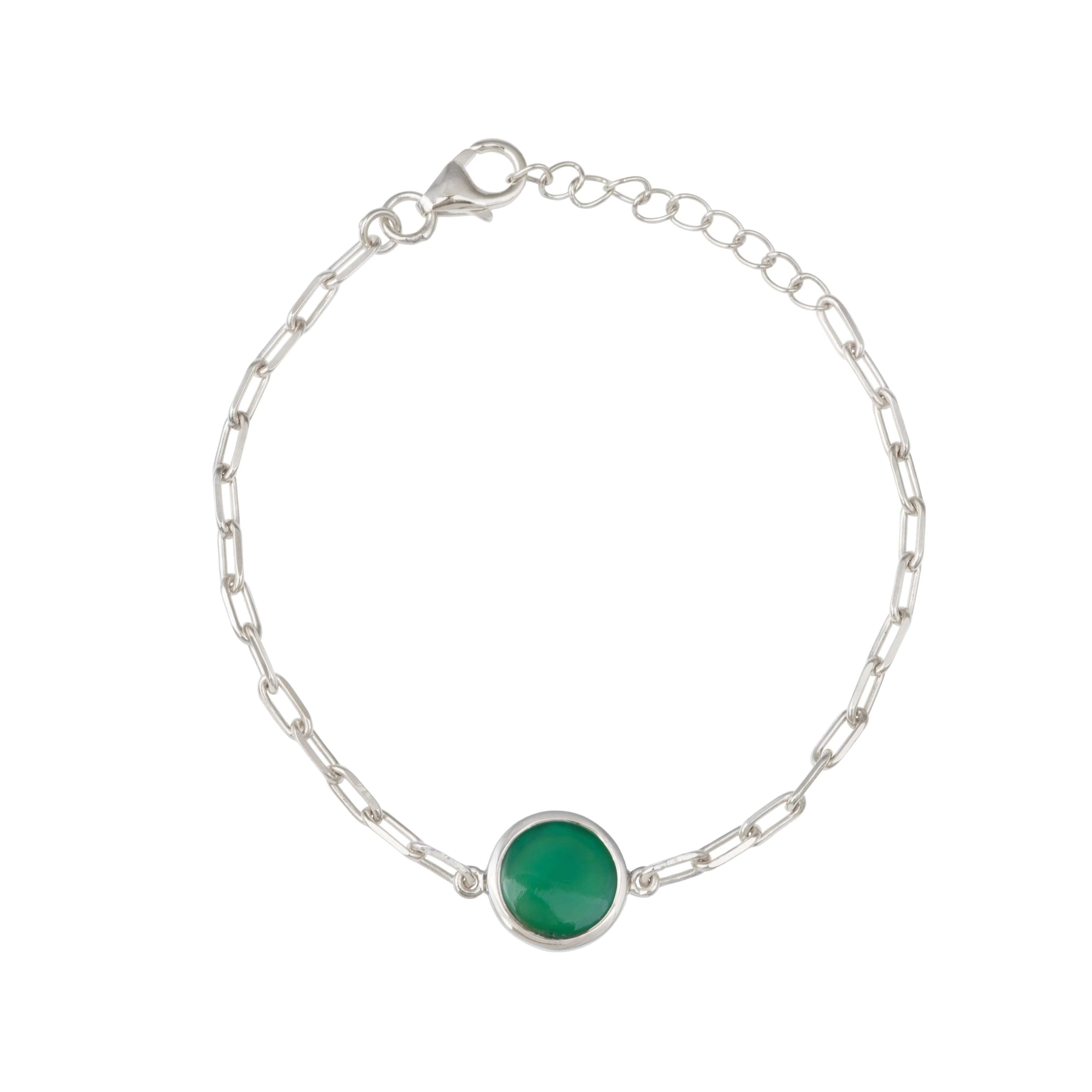 Sterling Silver Paperclip Link Chain Adjustable Bracelet with Round Green Onyx Gemstone - Image 2