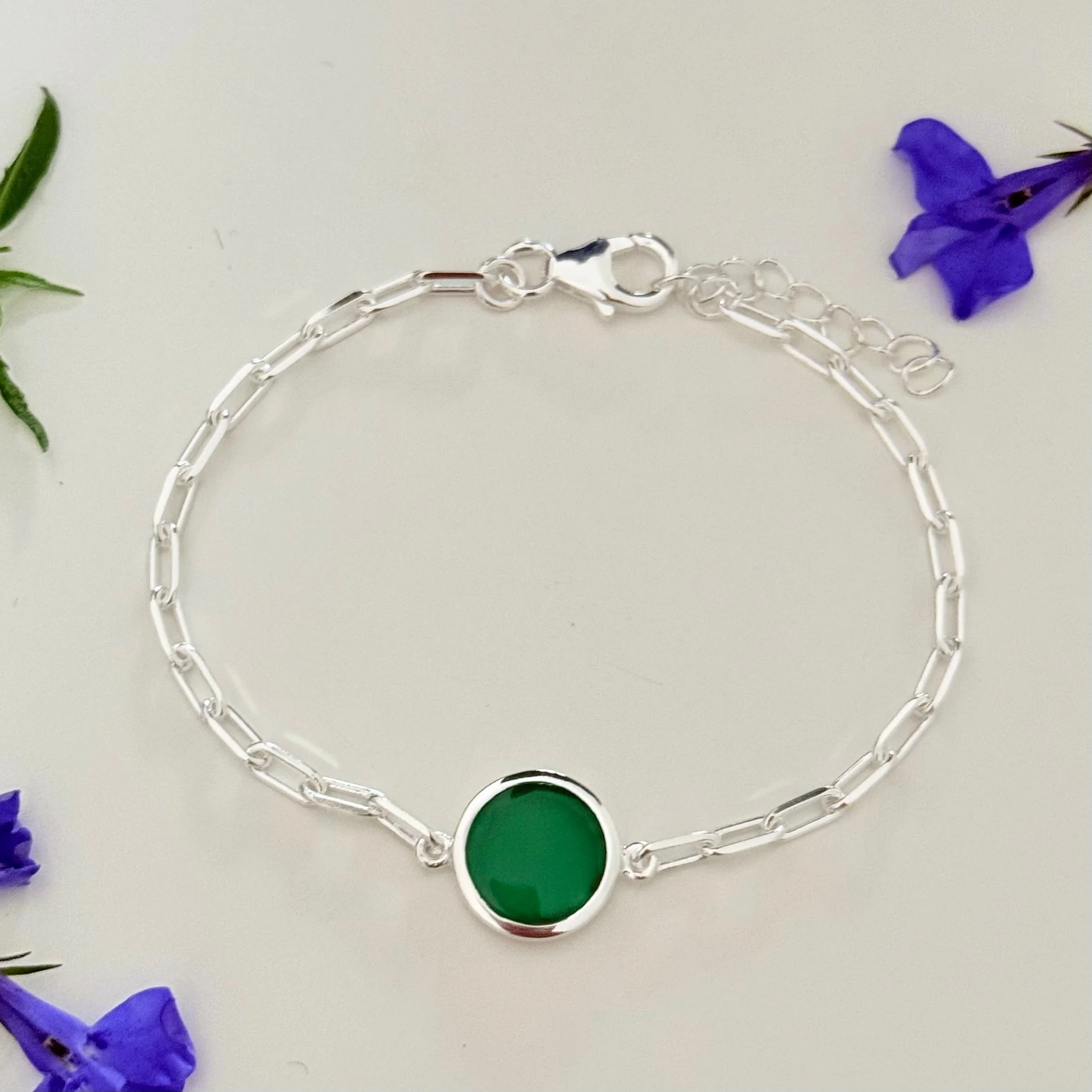 Sterling Silver Paperclip Link Chain Adjustable Bracelet with Round Green Onyx Gemstone - Image 3