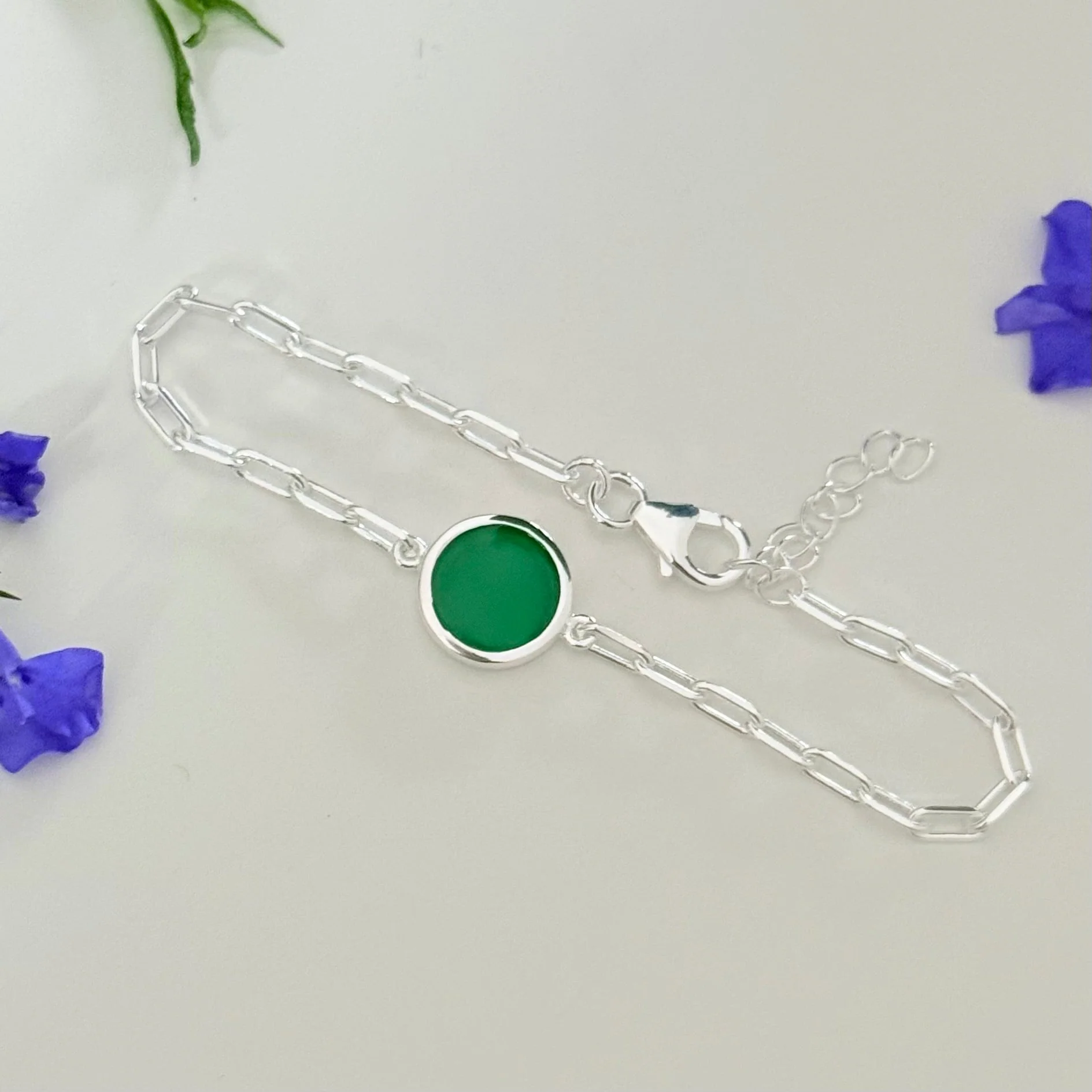 Sterling Silver Paperclip Link Chain Adjustable Bracelet with Round Green Onyx Gemstone - Image 4