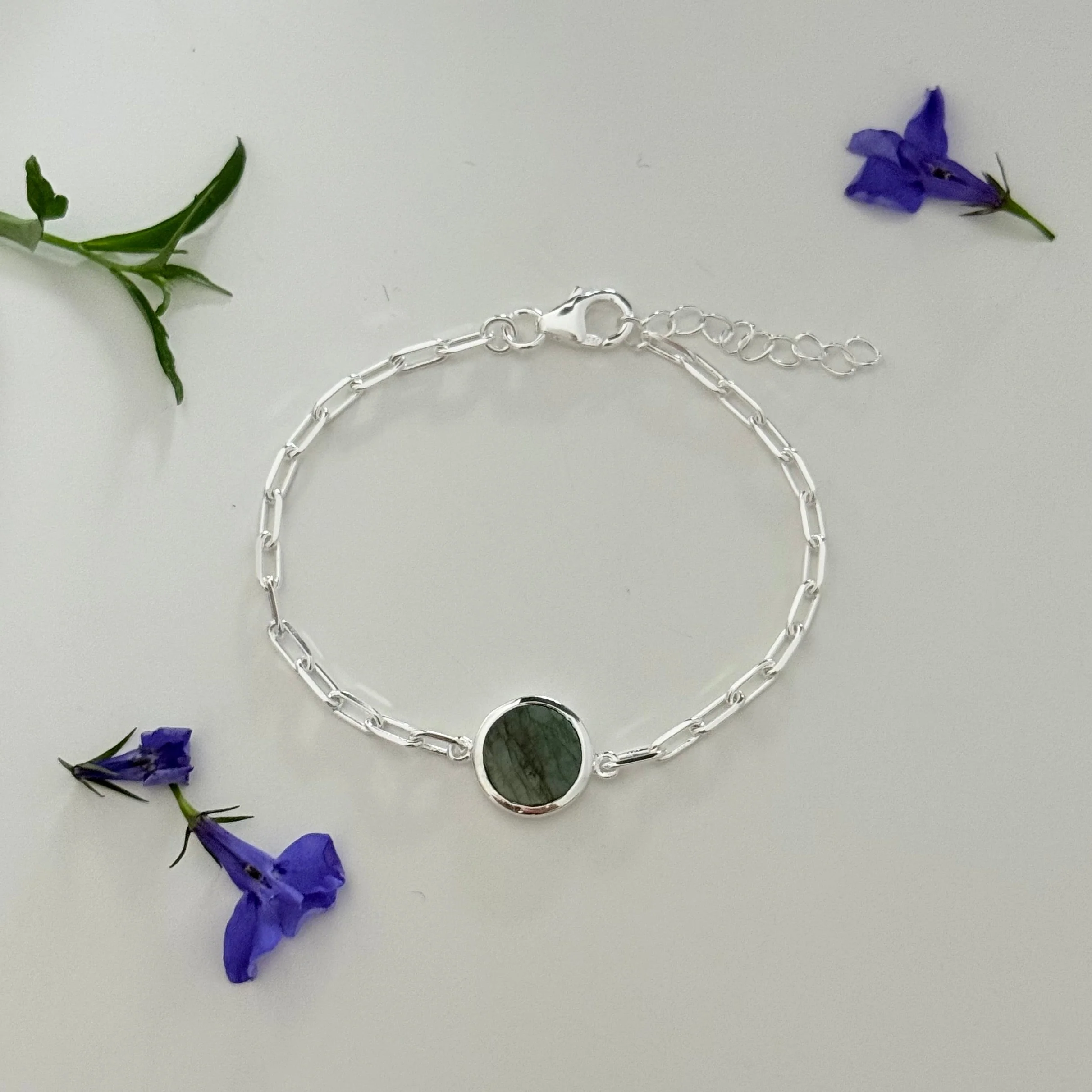 Sterling Silver Paperclip Link Chain Adjustable Bracelet with Round Labradorite Gemstone - Image 3