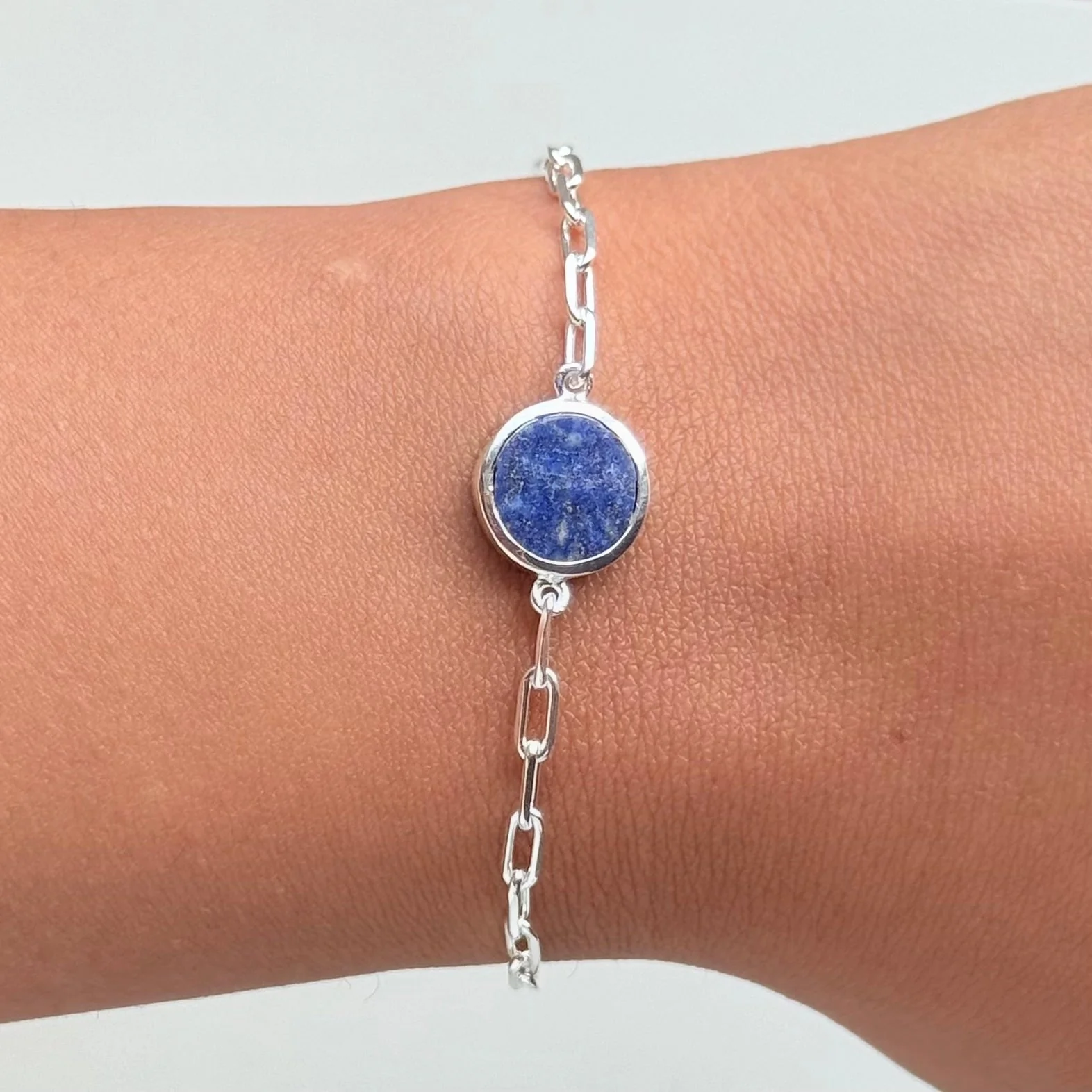 Sterling Silver Paperclip Link Chain Adjustable Bracelet with Round Lapis Lazuli Gemstone