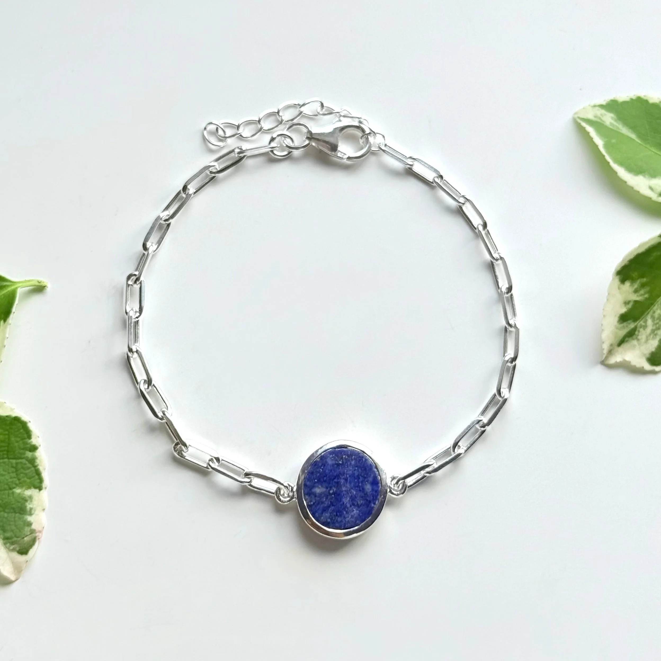 Sterling Silver Paperclip Link Chain Adjustable Bracelet with Round Lapis Lazuli Gemstone - Image 3