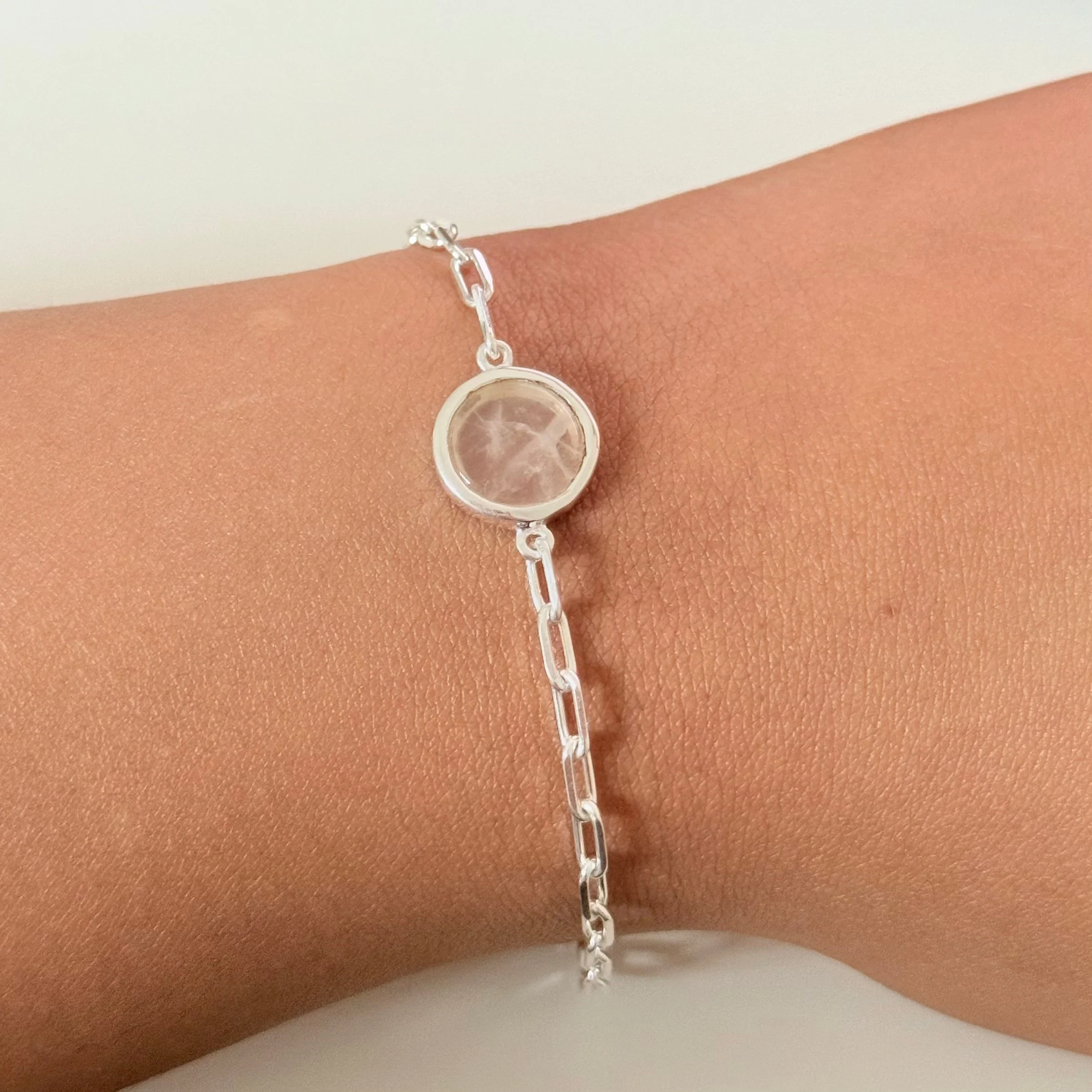 Sterling Silver Paperclip Link Chain Adjustable Bracelet with Round Rose Quartz Gemstone