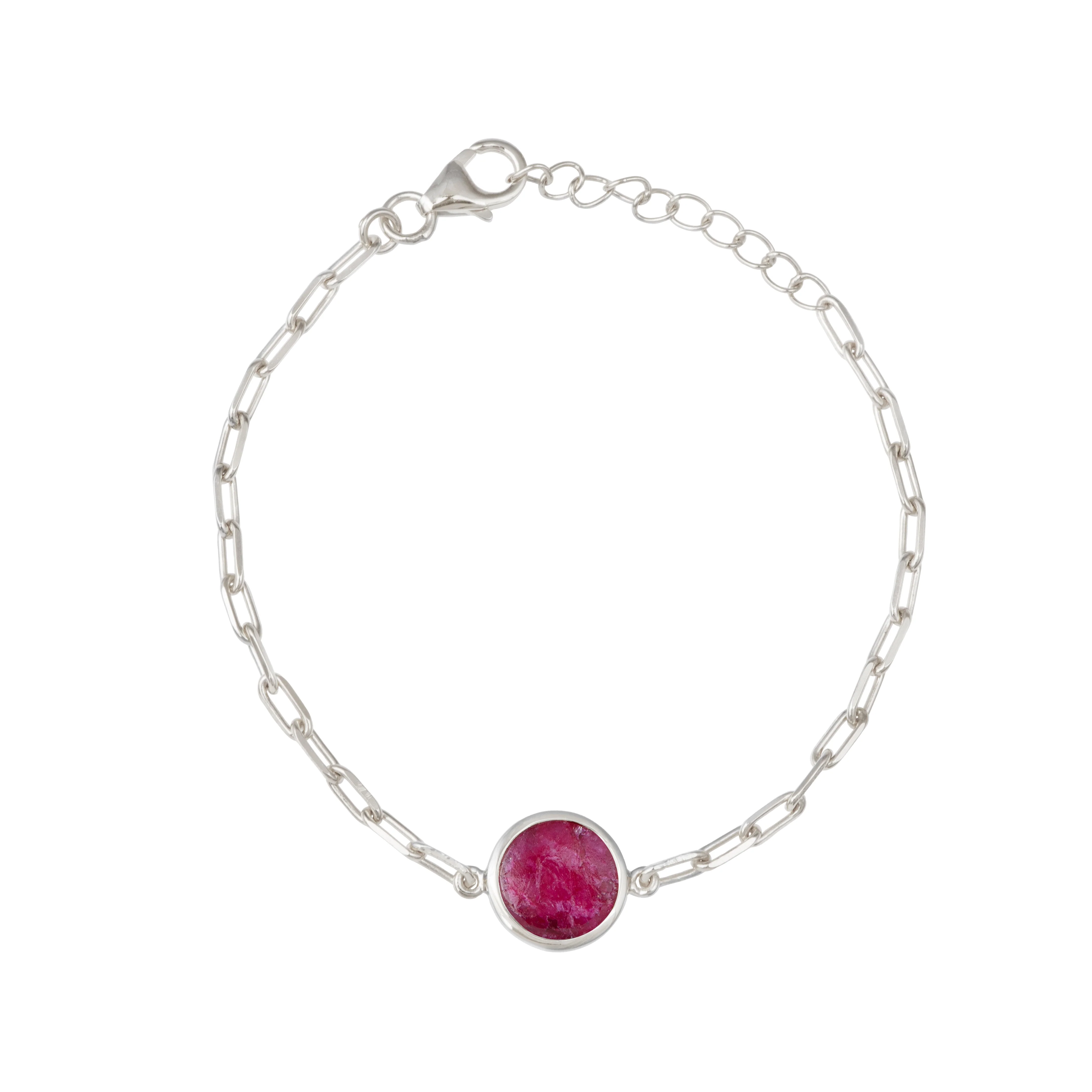 Sterling Silver Paperclip Link Chain Adjustable Bracelet with Round Ruby Quartz Gemstone - Image 2
