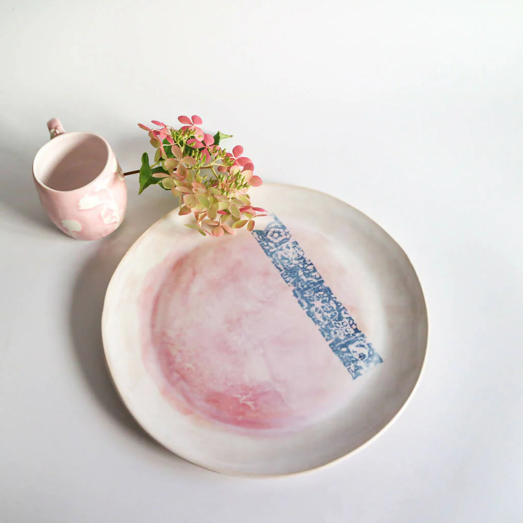 Stoneware Clay Plate In Pink Watercolour Design - Image 4