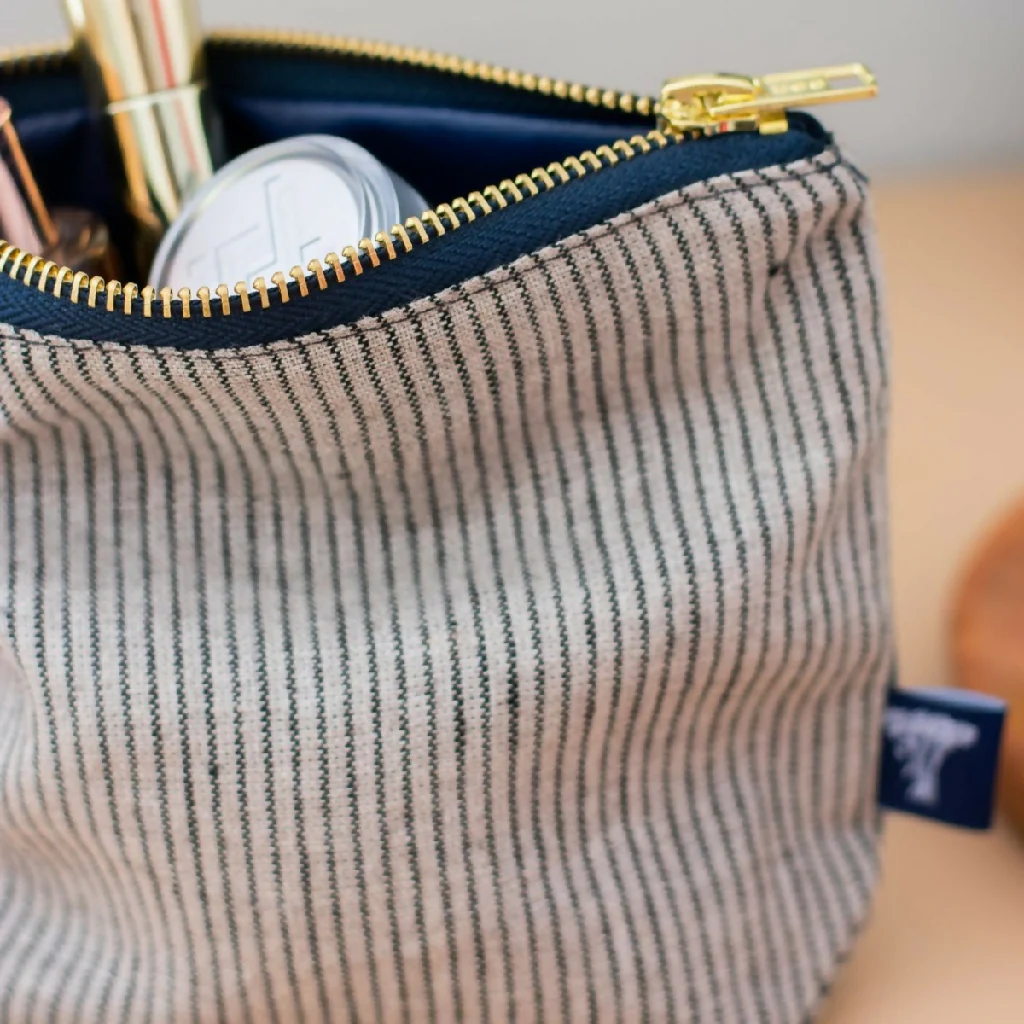 Striped Blue/Natural Linen MakeUp Bag - Image 3