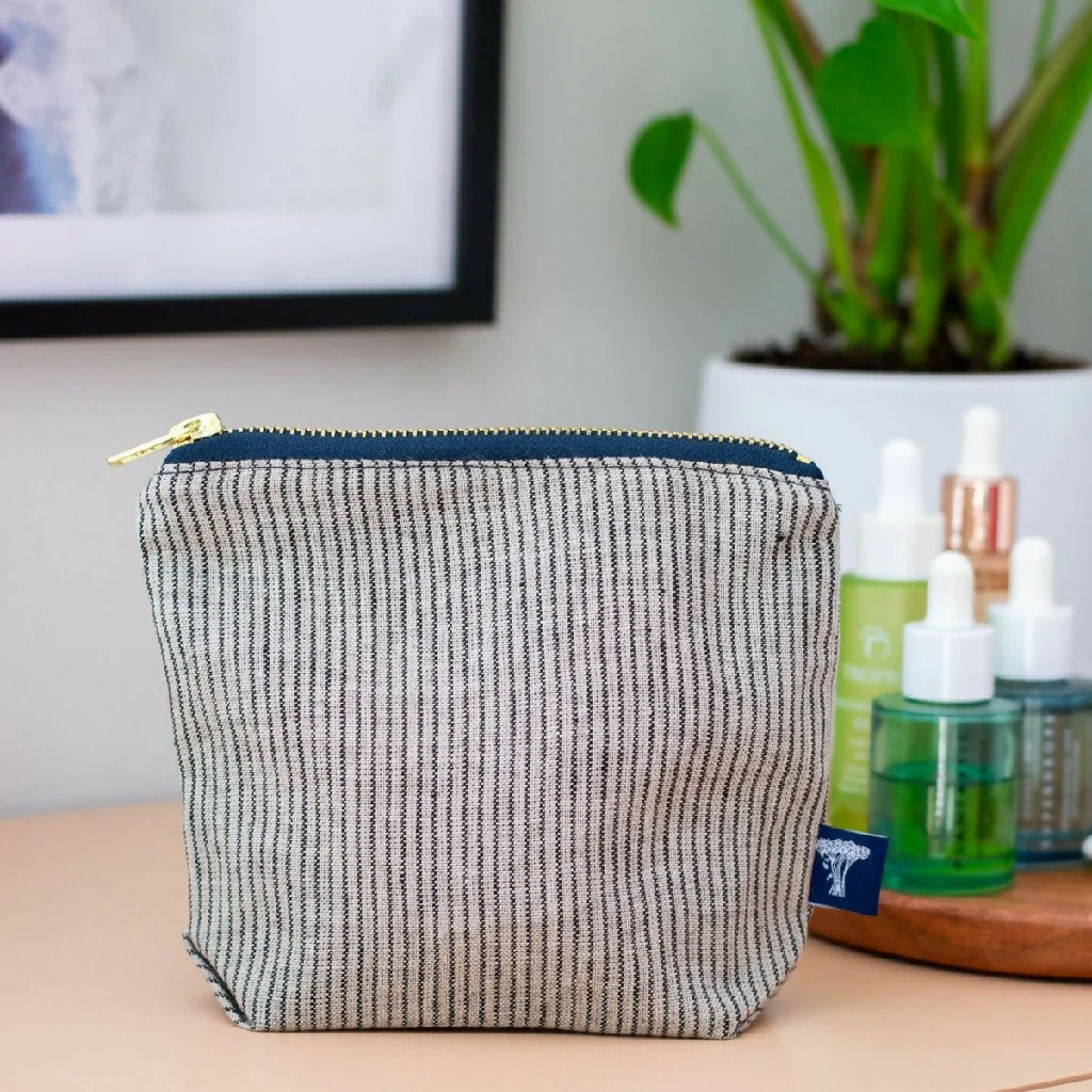 Striped Blue/Natural Linen MakeUp Bag - Image 4
