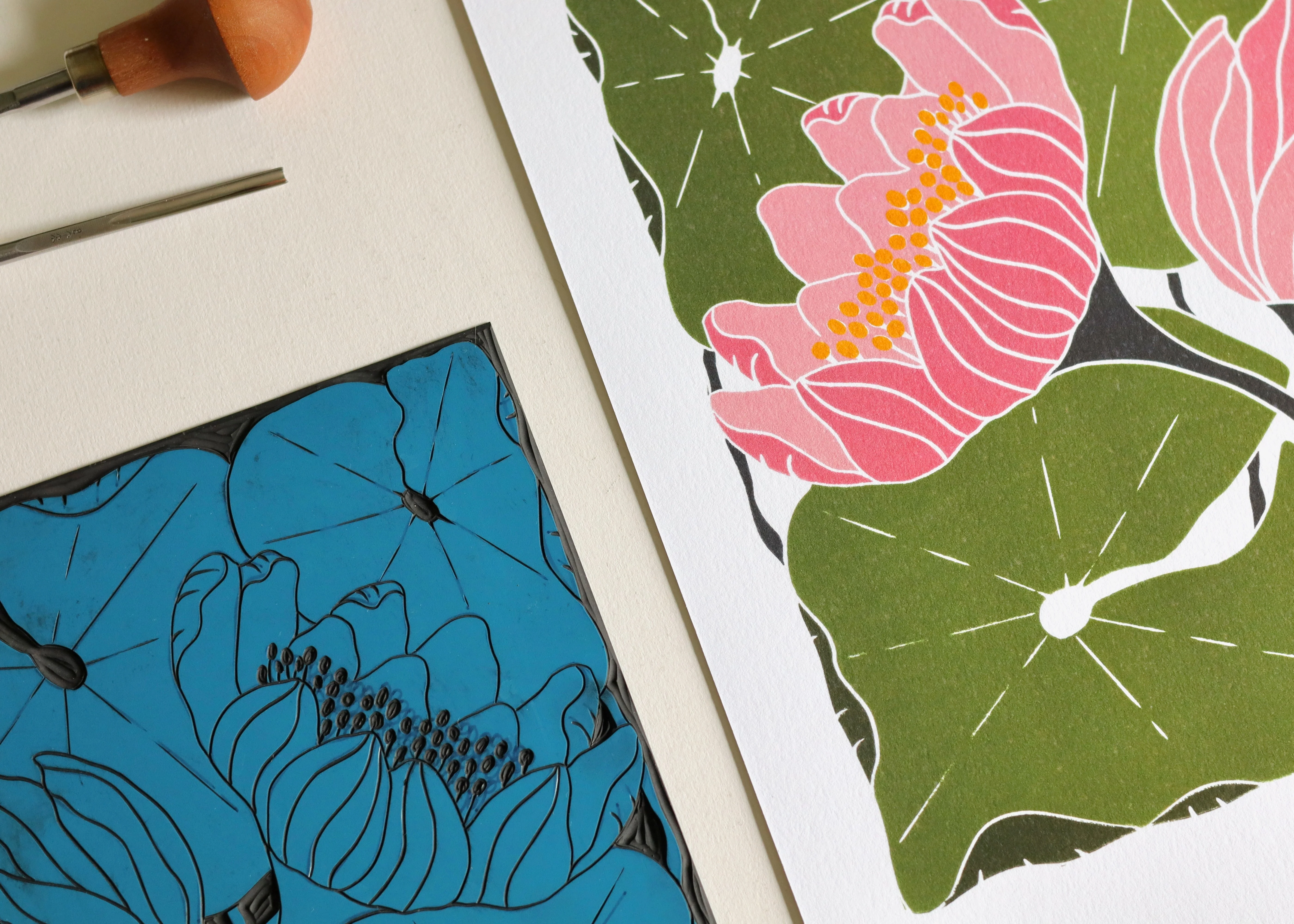 Summer Water Lilies Linocut Art Style 2 | A5 or A4 Art Print on Cotton Paper - Image 10