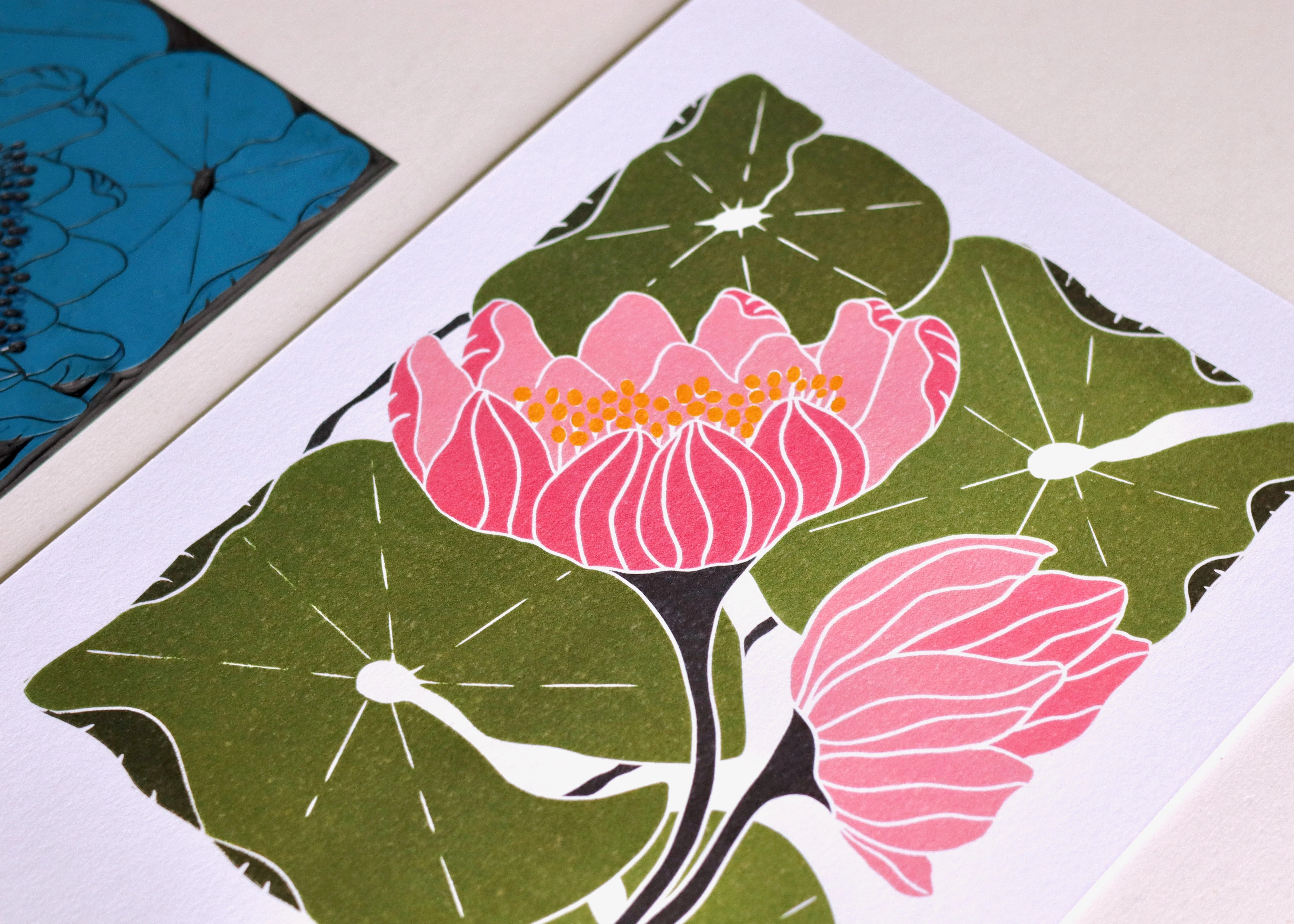 Summer Water Lilies Linocut Art Style 2 | A5 or A4 Art Print on Cotton Paper - Image 11