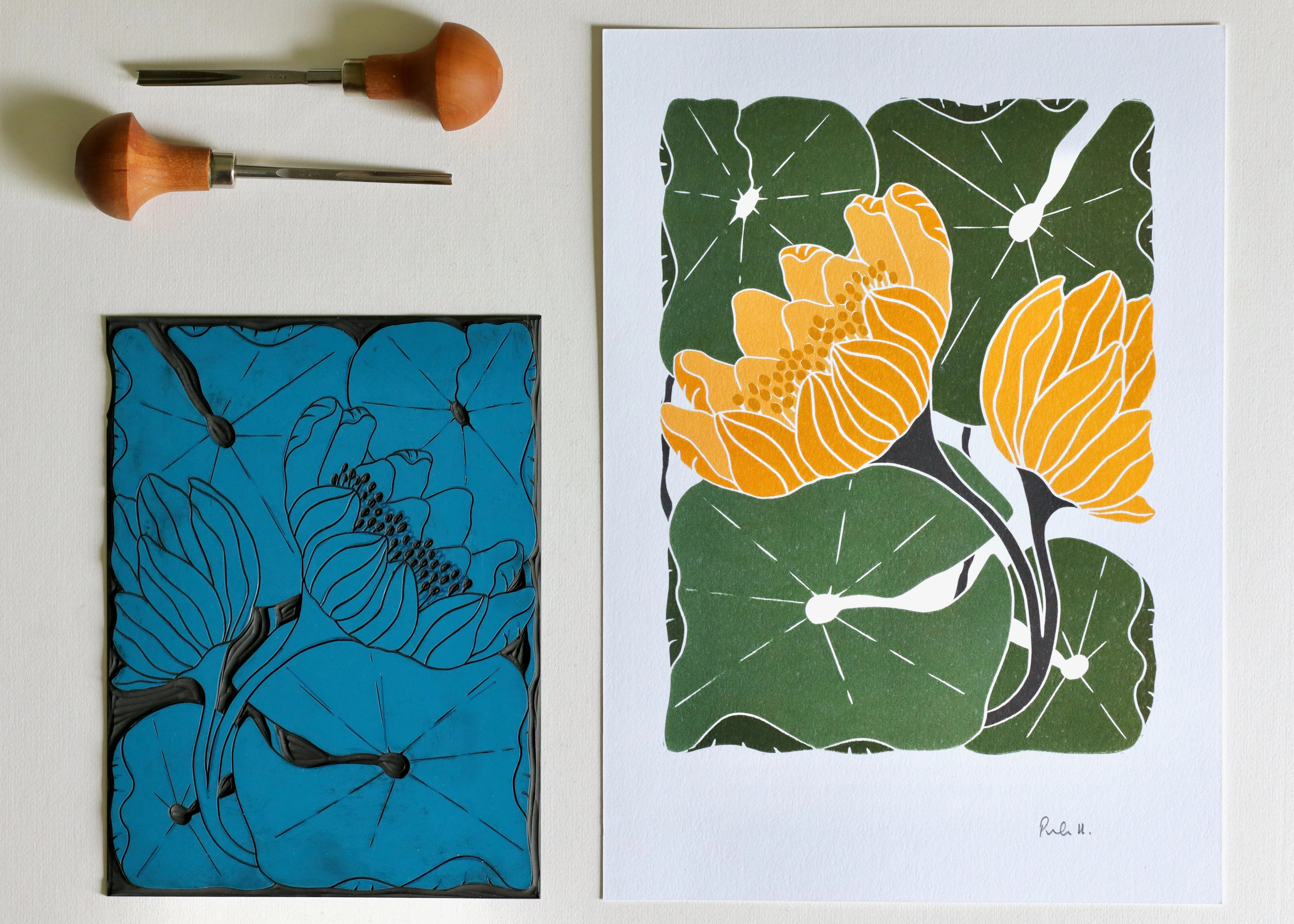 Summer Water Lilies Linocut Art Style 2 | A5 or A4 Art Print on Cotton Paper - Image 3