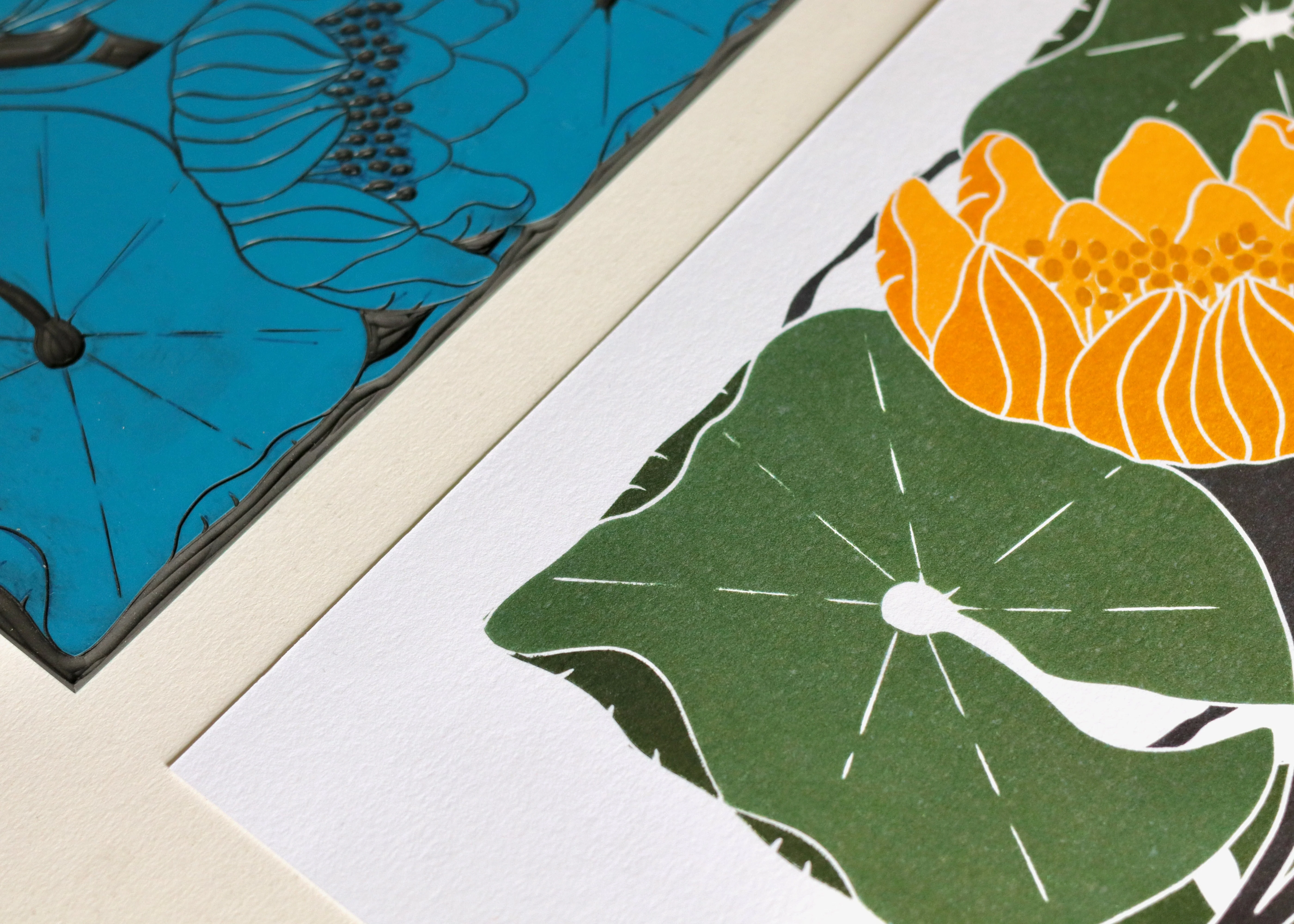 Summer Water Lilies Linocut Art Style 2 | A5 or A4 Art Print on Cotton Paper - Image 4