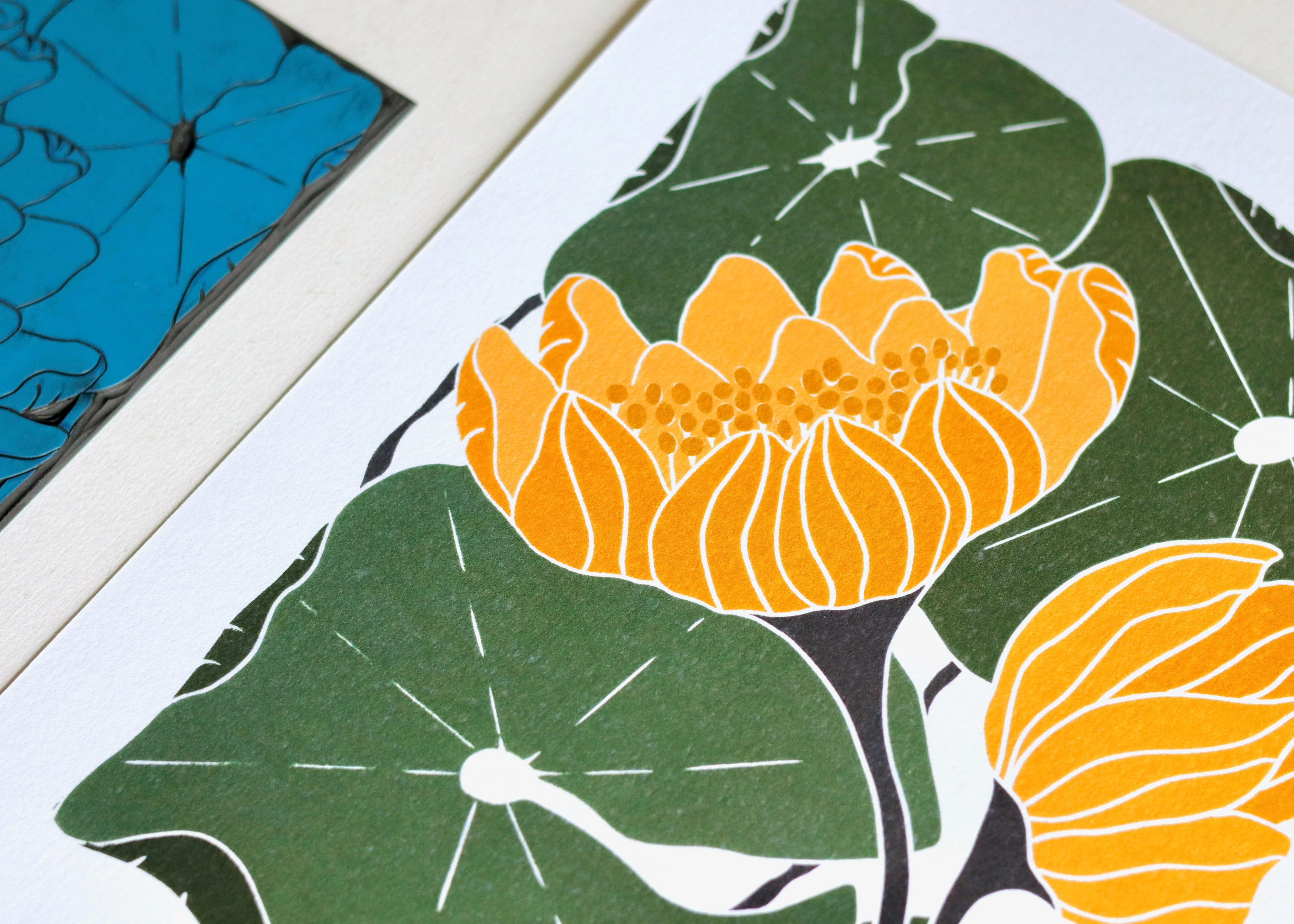 Summer Water Lilies Linocut Art Style 2 | A5 or A4 Art Print on Cotton Paper - Image 5