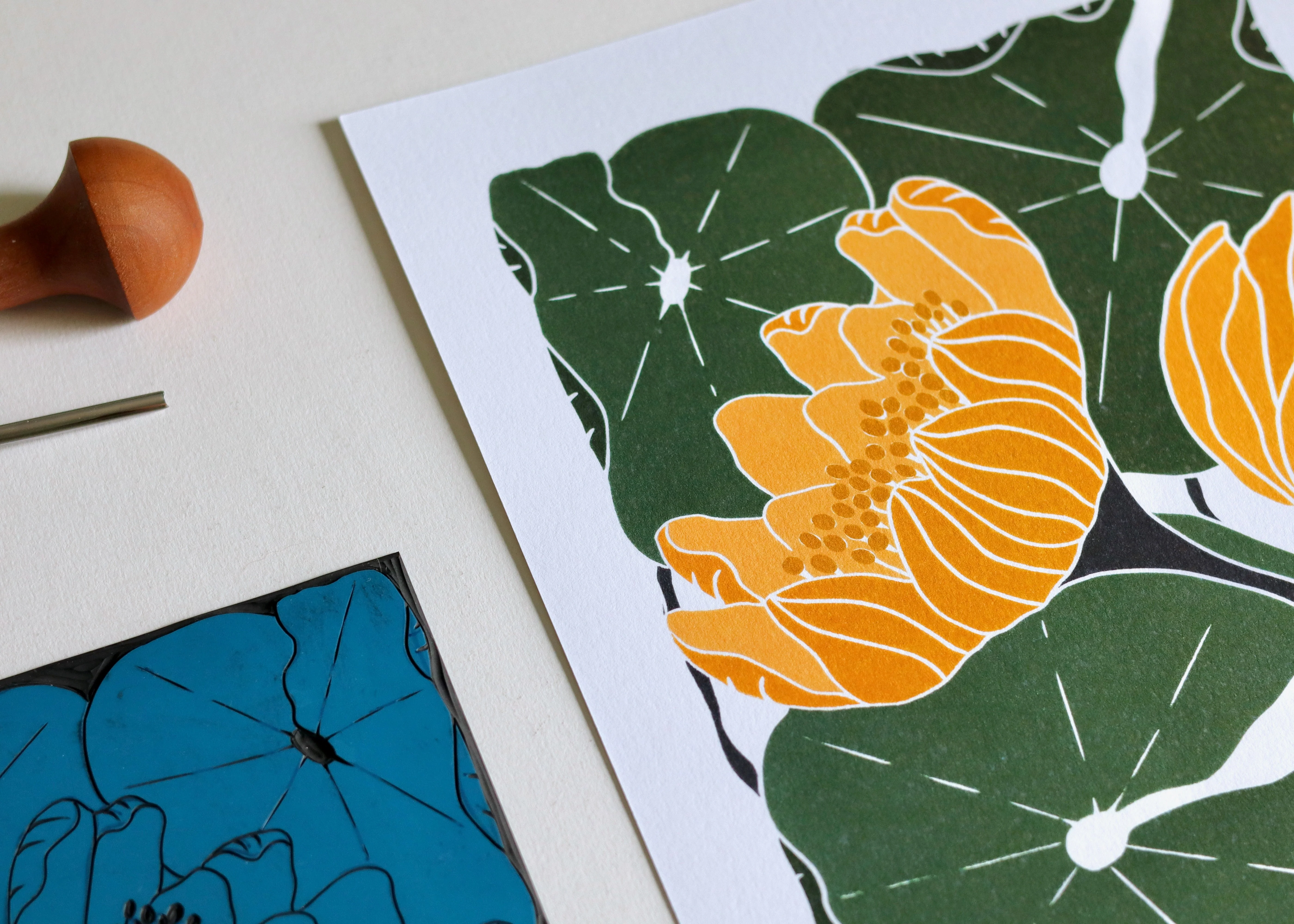 Summer Water Lilies Linocut Art Style 2 | A5 or A4 Art Print on Cotton Paper - Image 6