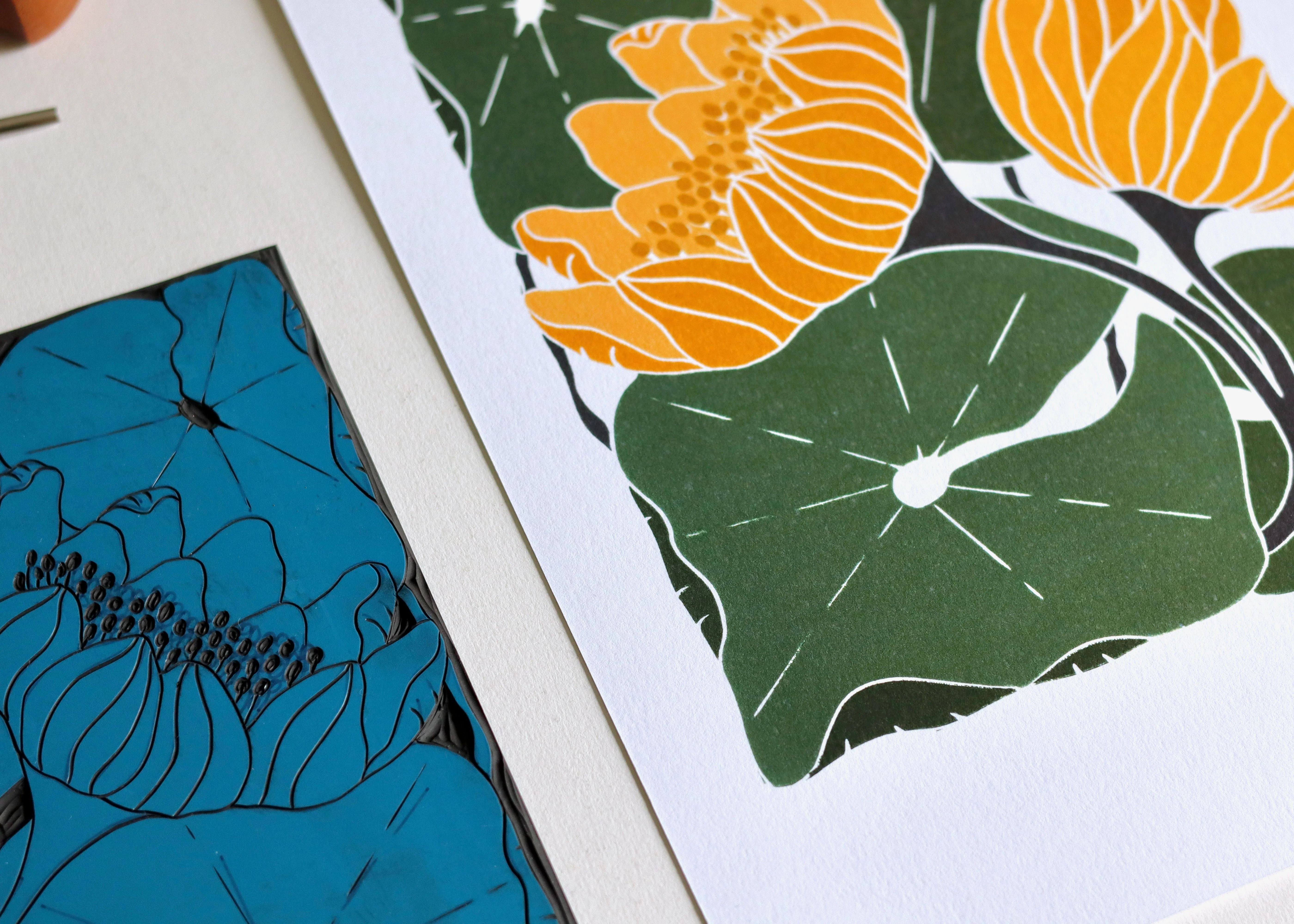 Summer Water Lilies Linocut Art Style 2 | A5 or A4 Art Print on Cotton Paper - Image 7