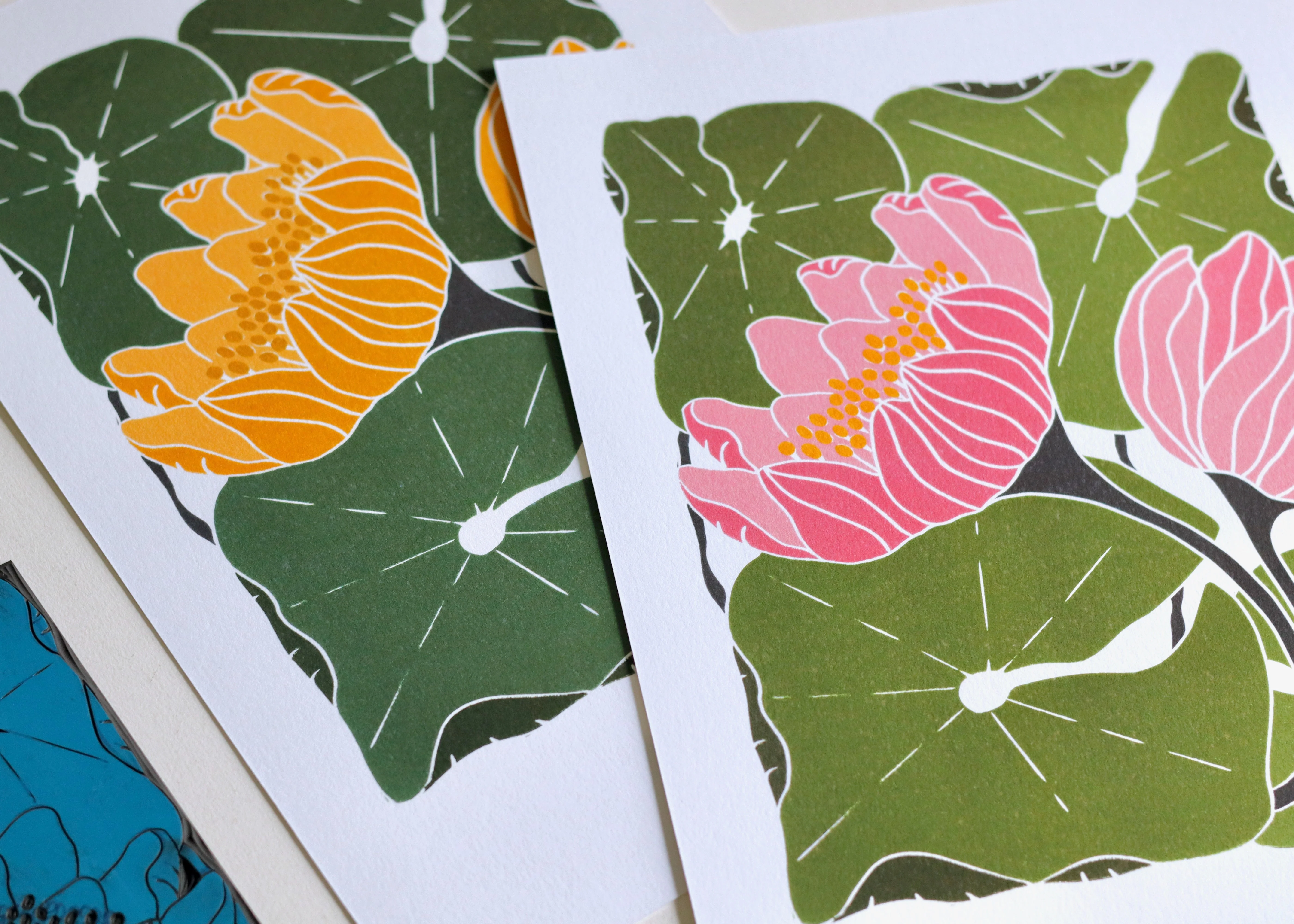 Summer Water Lilies Linocut Art Style 2 | A5 or A4 Art Print on Cotton Paper - Image 8