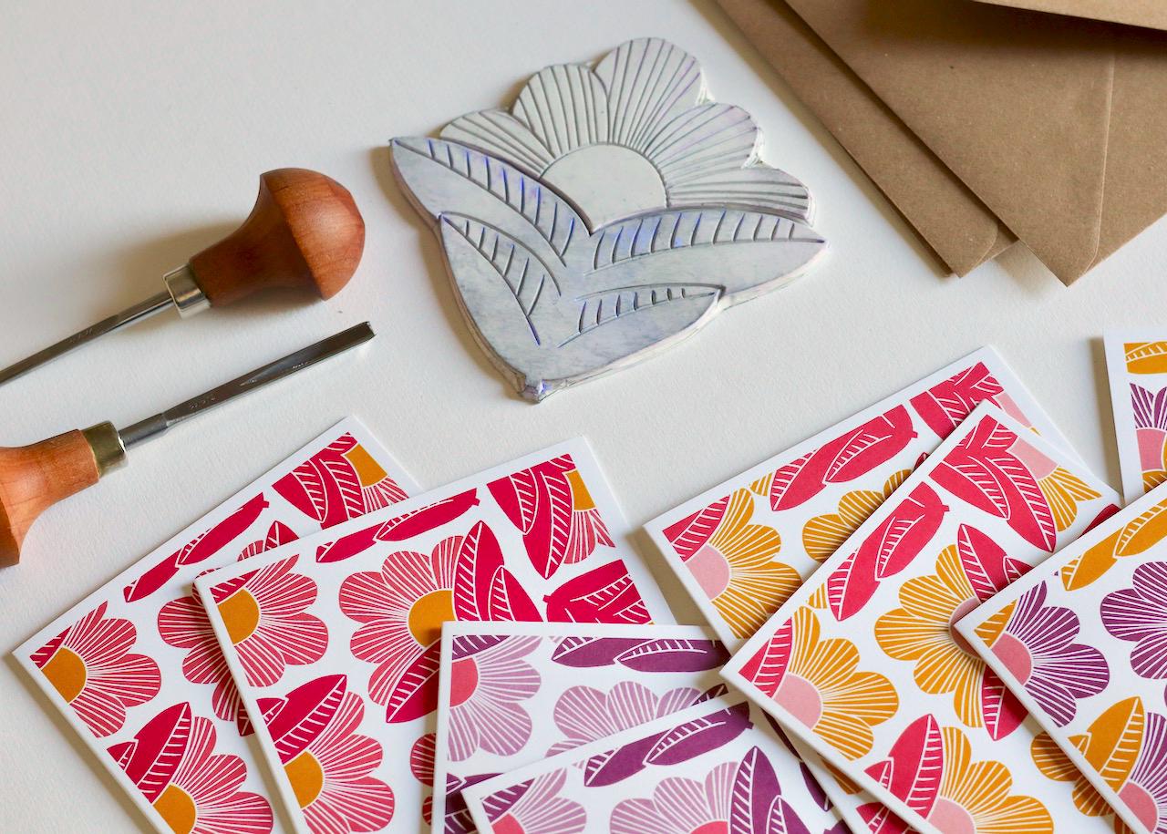 Sunrise Abstract Floral Linocut Cards | Set of 8 Notecards & Envelopes - Image 2