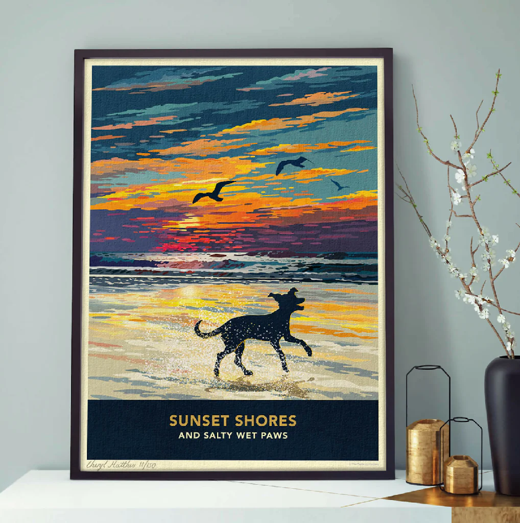 WHIPPET OR GREYHOUND 'SUNSET ON THE BEACH' LIMITED EDITION ART PRINT