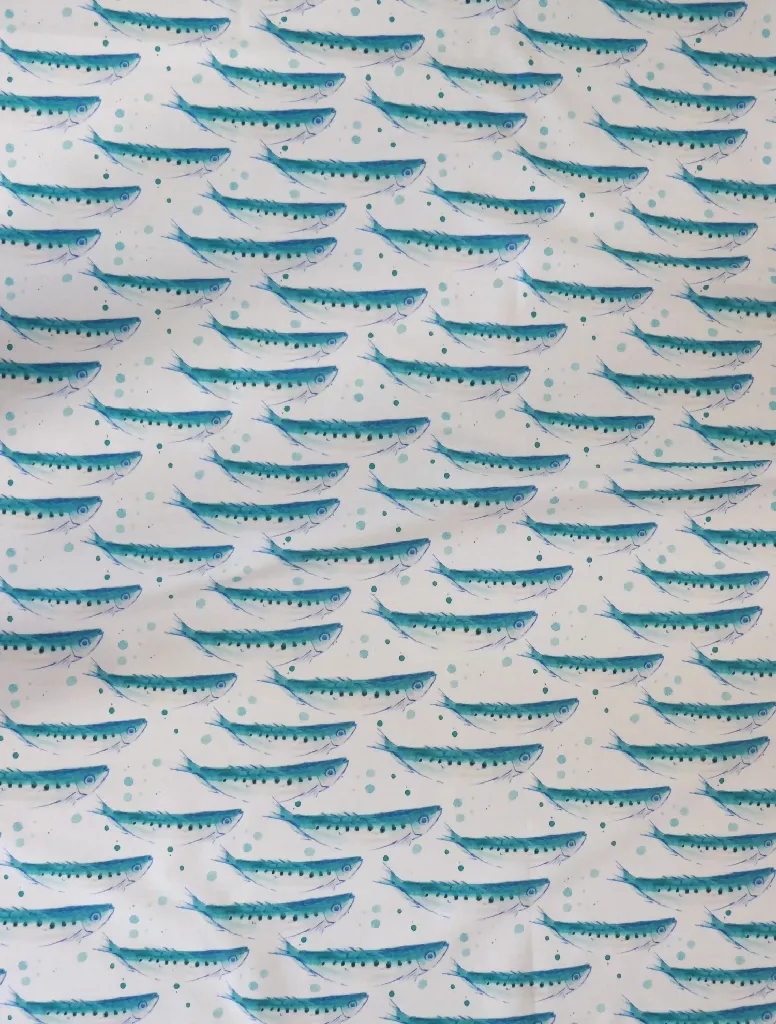 Swimming Sardines Natural Organic Calico Soft Furnishing Fabric - Image 2