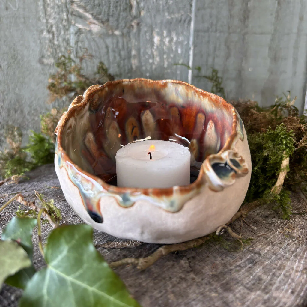 Tea light holder pottery ceramic woodland toadstool elf cap